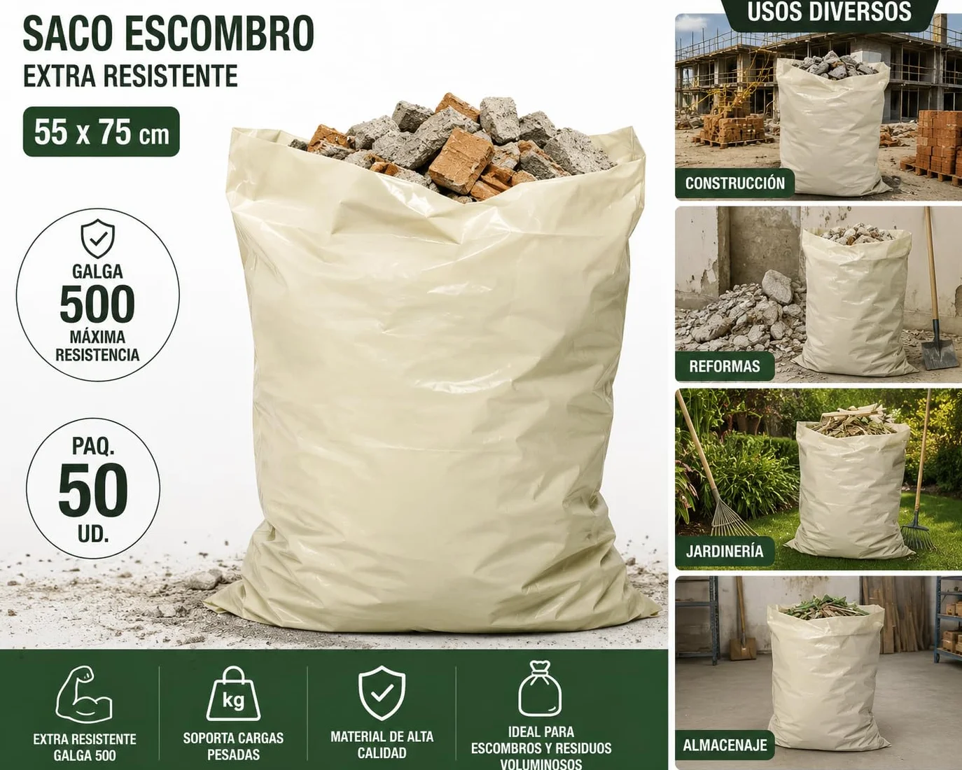 Saco para Escombros 55x75 cm, Pack 50 Unidades, Polietileno Resistente Galga 600,Bolsas de Obra para Escombros, Construcción, Reformas, Jardinería y Residuos Pesados