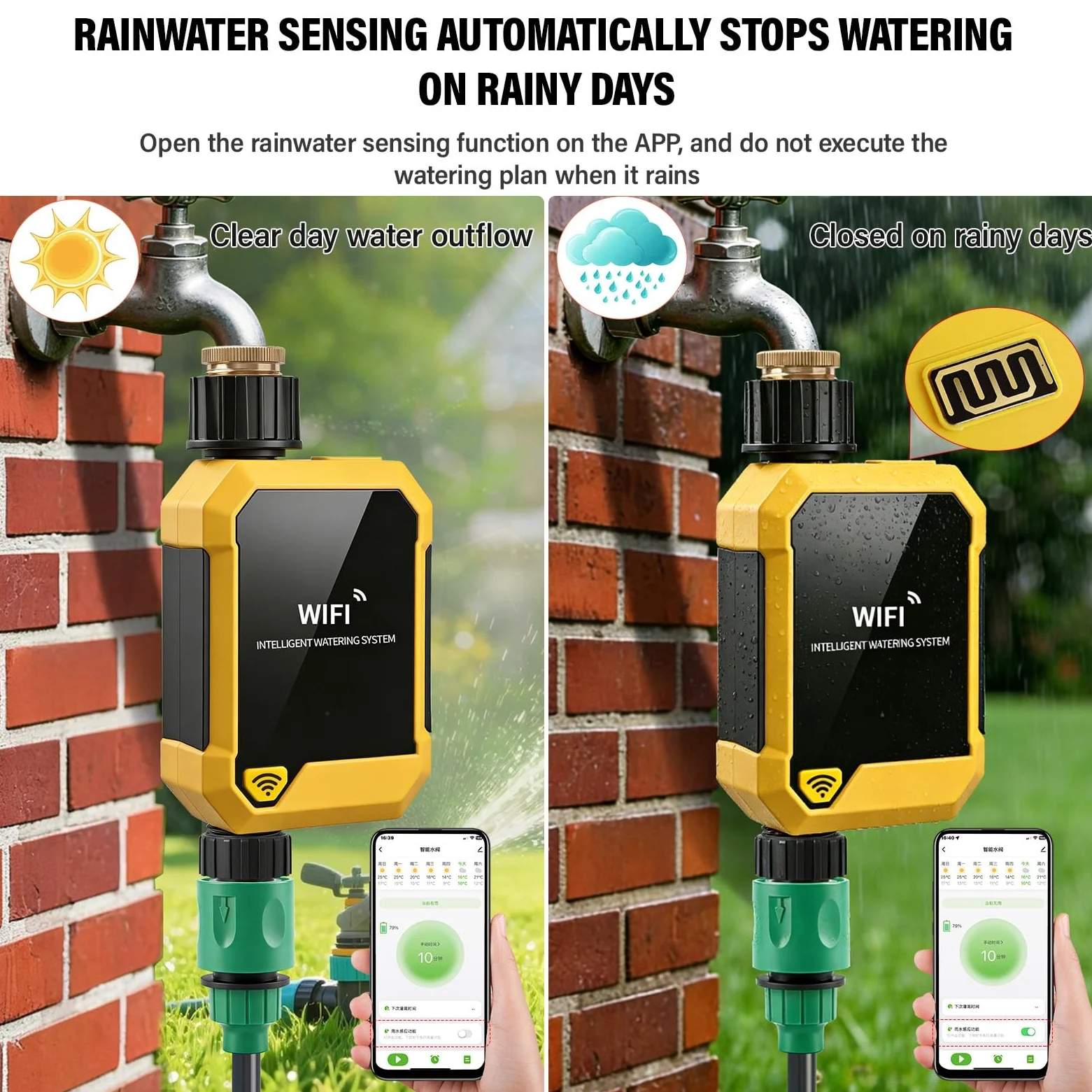 Naroote Temporizador de Riego WiFi Inteligente Temporizador de Riego Controlado por Aplicación 12 a 15,6 L por Minuto Sensor de Lluvia 33,8 a 140 °F Al Aire Libre para Jardín, Césped,
