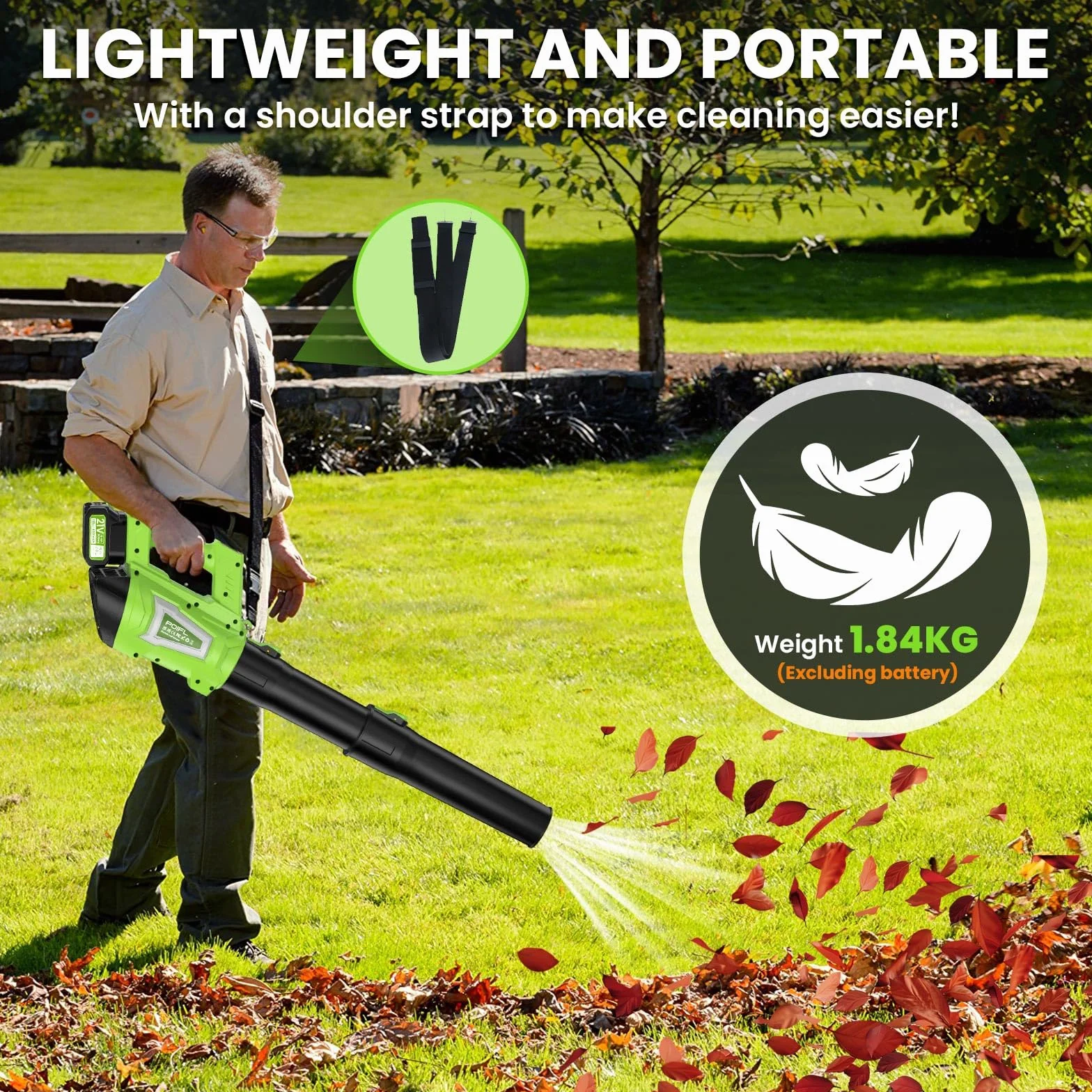 Soplador De Hojas Bateria, Velocidad Máxima del Viento 245 Km/h, Equipado con 2 Baterías De 4,0 Ah, Correa De Hombro De 1,6 m y Cargador Rápido, Utilizado para Limpiar Hojas De Jardín, Nieve, Polvo