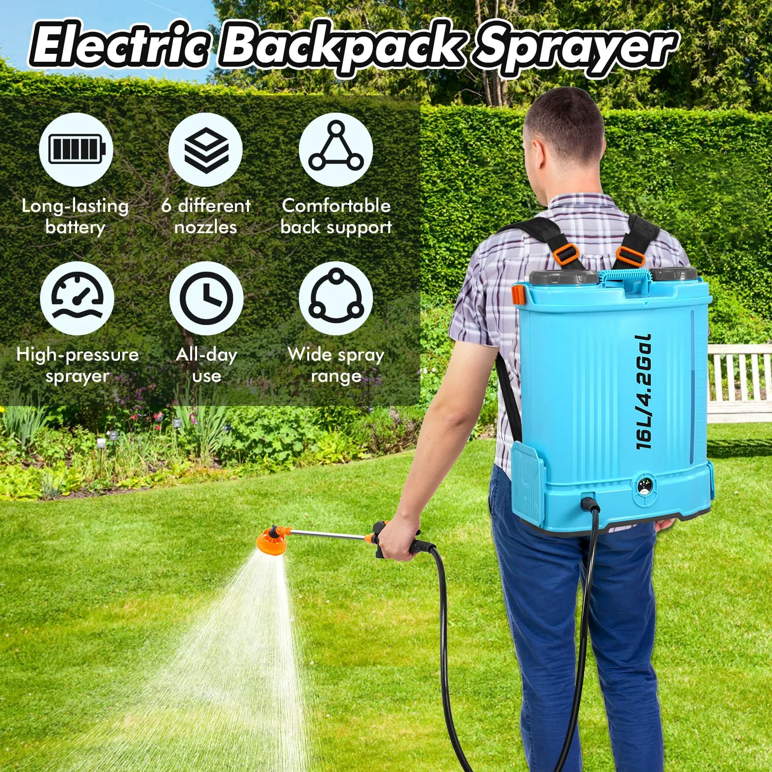 Pulverizador Electrico 16L, 0-100 PSI Pulverizador Mochila Bateria con 7 Boquillas & Caña Telescópica, 2000mAh Batterie, Sulfatadora Electrica a Bateria para Césped Jardín Techo Patio