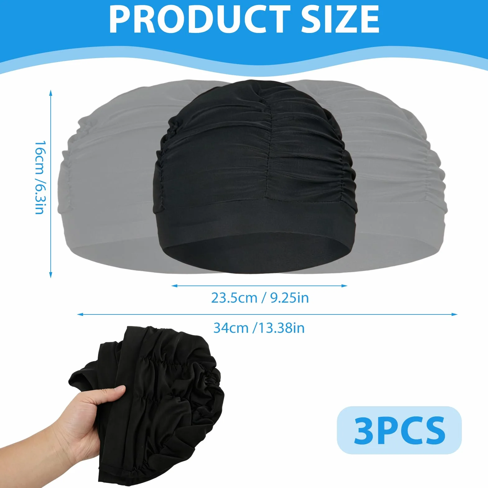Gorros Piscina Mujer 3 Piezas 25x15mm de Tela Elástica Poliéster, Cómodo Gorro Natación Adulto para Cabello Largo, Playa, Deportes, Proteger Sol Negro