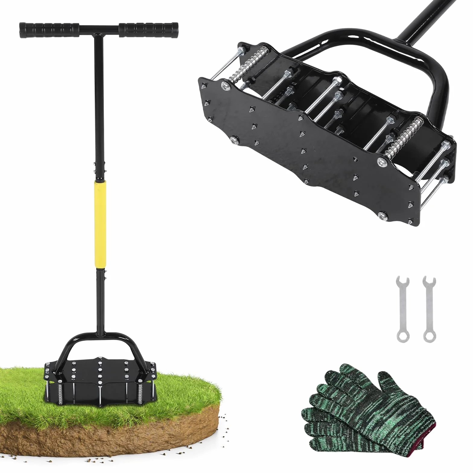 Herramienta de aireación manual de césped, herramienta de aireación automática de césped de 17 pinchos asistida por resorte, limpieza automática de suciedad y hojas, aflojador de suelo con