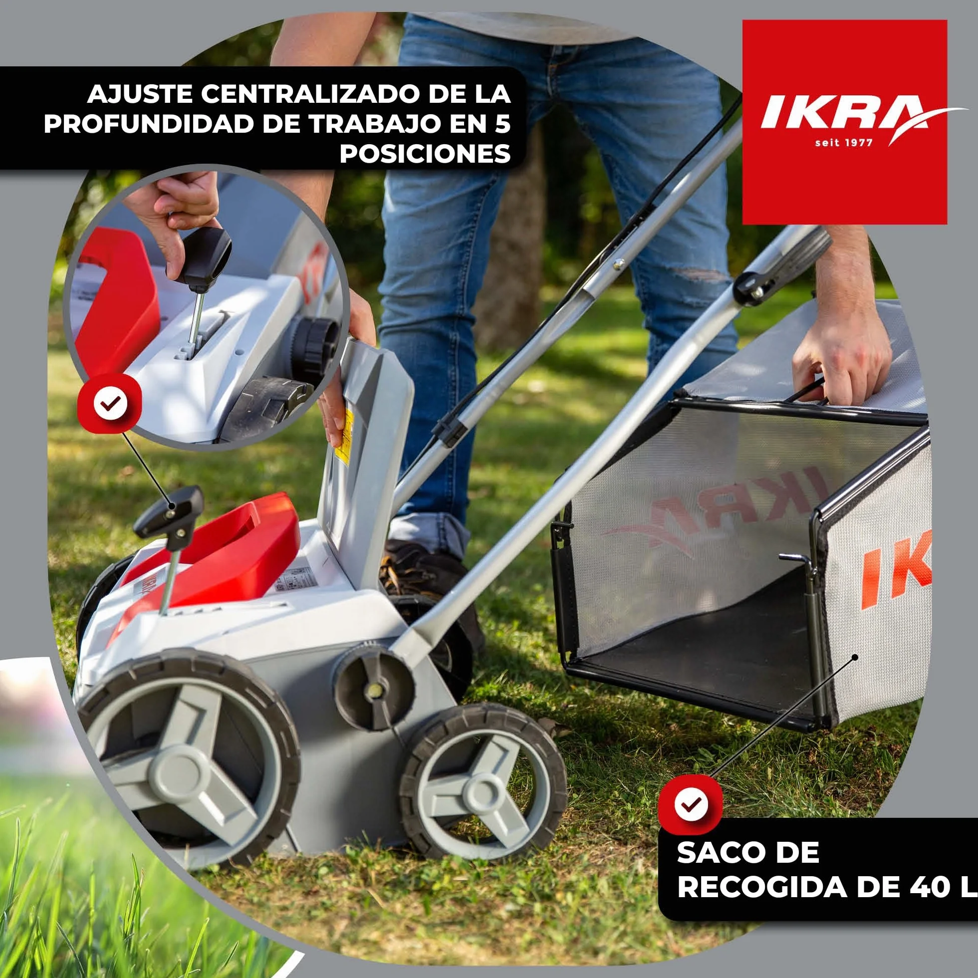 IKRA escarificador y aireador eléctrico IEVL 1838, saco coletor 40l, largo de trabajo 38cm, 1800W