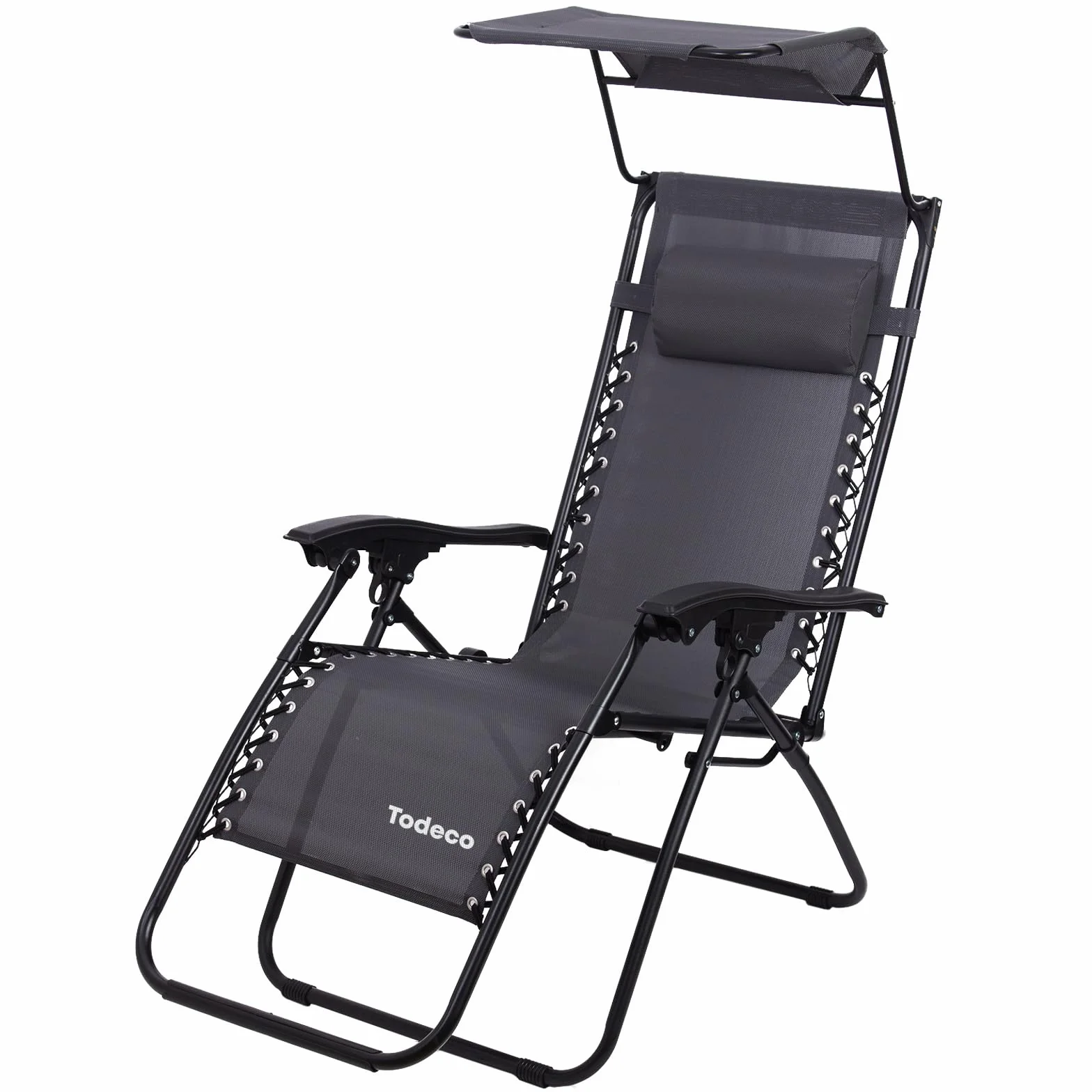 Todeco Tumbona Plegable Jardín con Toldo, Silla Gravedad Cero Reclinable con Respaldo Ajustable para Patio, Camping, Terraza y Piscina, Carga máxima 100kg, Gris