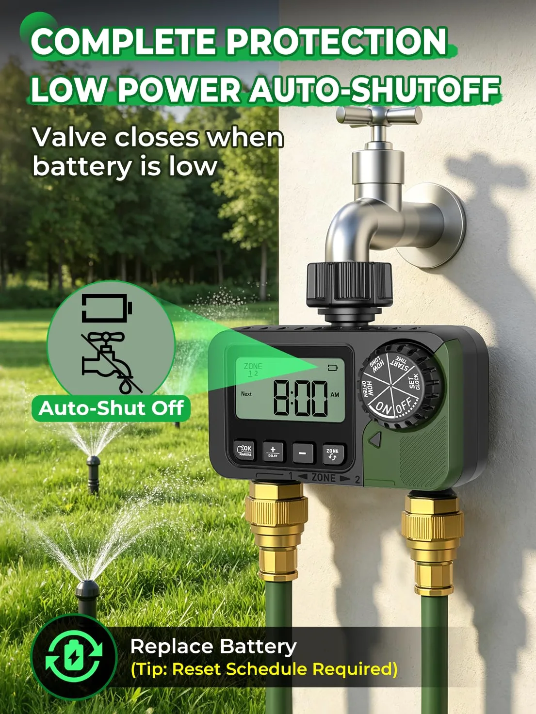 Temporizador de aspersor de 2 tomas, temporizador programable de manguera de agua con retardo de lluvia/sistema de riego manual/automático, riego automático digital al aire libre para jardín, patio