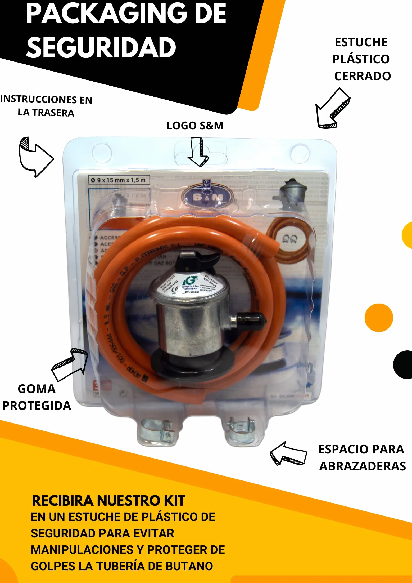 S&M 321771 - Kit completo butano: Regulador de gas butano + Tubo Goma 1,5 metros + 2 abrazaderas de seguridad | Homologado para España | Apto para cocinas, estufas, calderas y barbacoas