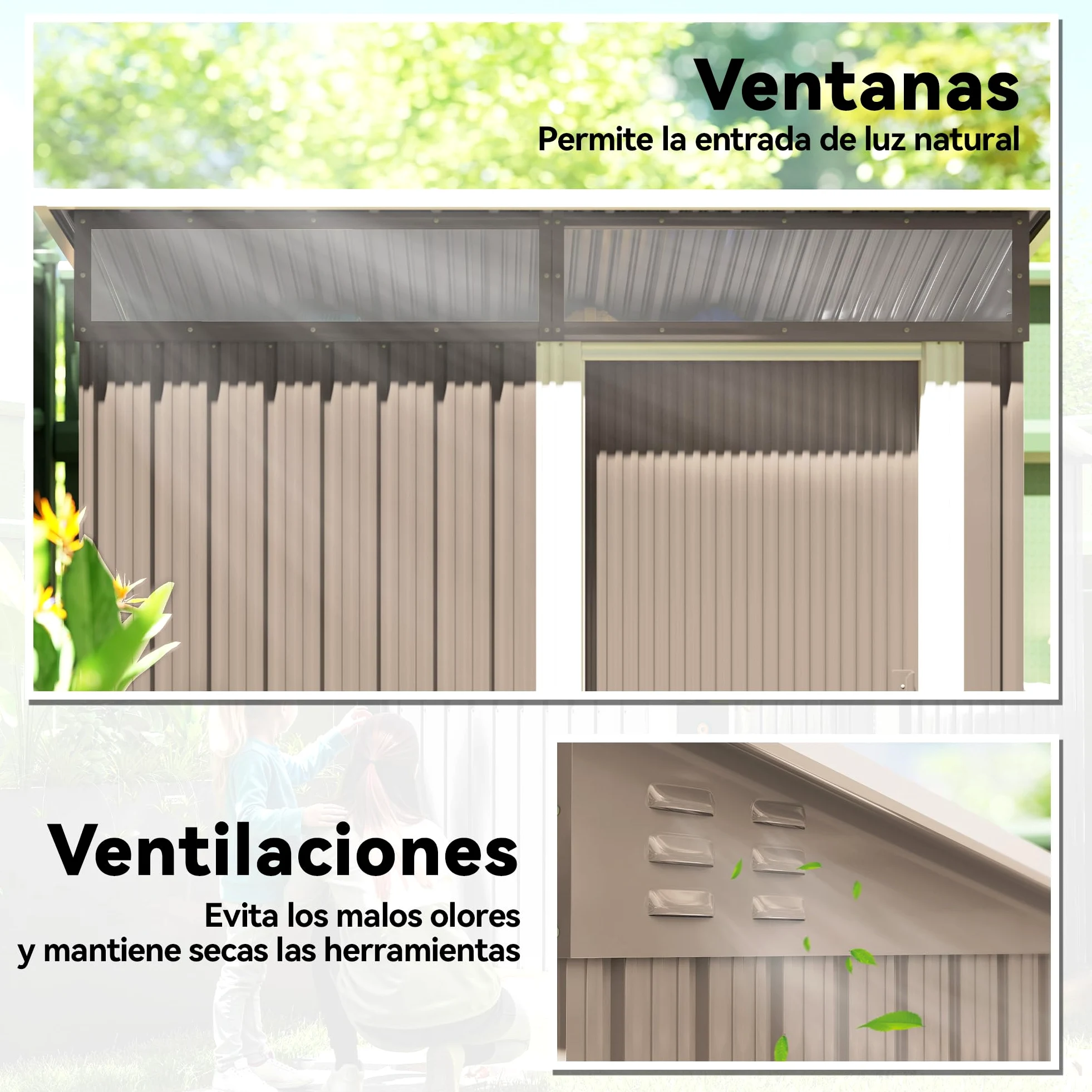 Outsunny Caseta de Jardín Exterior 1,9m² 195x122x182 cm Marrón | Cobertizo de Jardín Exterior, Base Refuerzo, Suelo NO Incluido, Puerta Corredera, Ventanas, para Patio