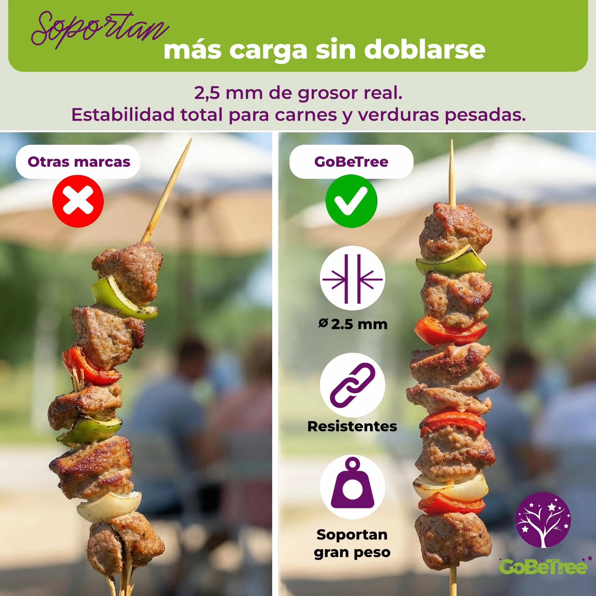 100 Pinchos de Madera de Abedul 15 cm x 2,5 mm | Palillos Extra Resistentes para Brochetas, Barbacoa, Carne y Frutas | Palos Ecológicos Multiusos para Manualidades