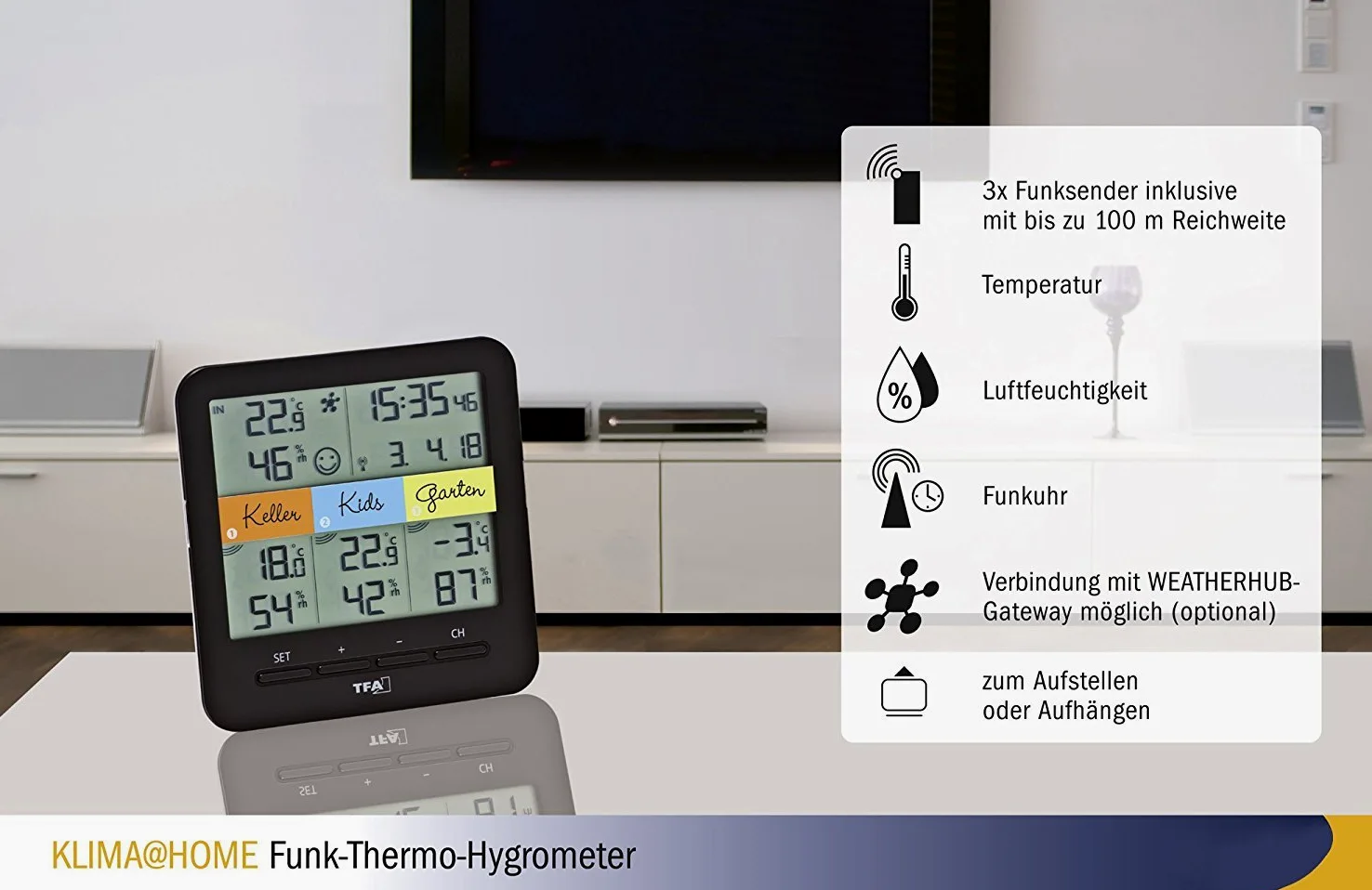 TFA Radio Termo-Higrómetro KLIMAHOME,30.3060 Control del Clima (Negro con baterías)