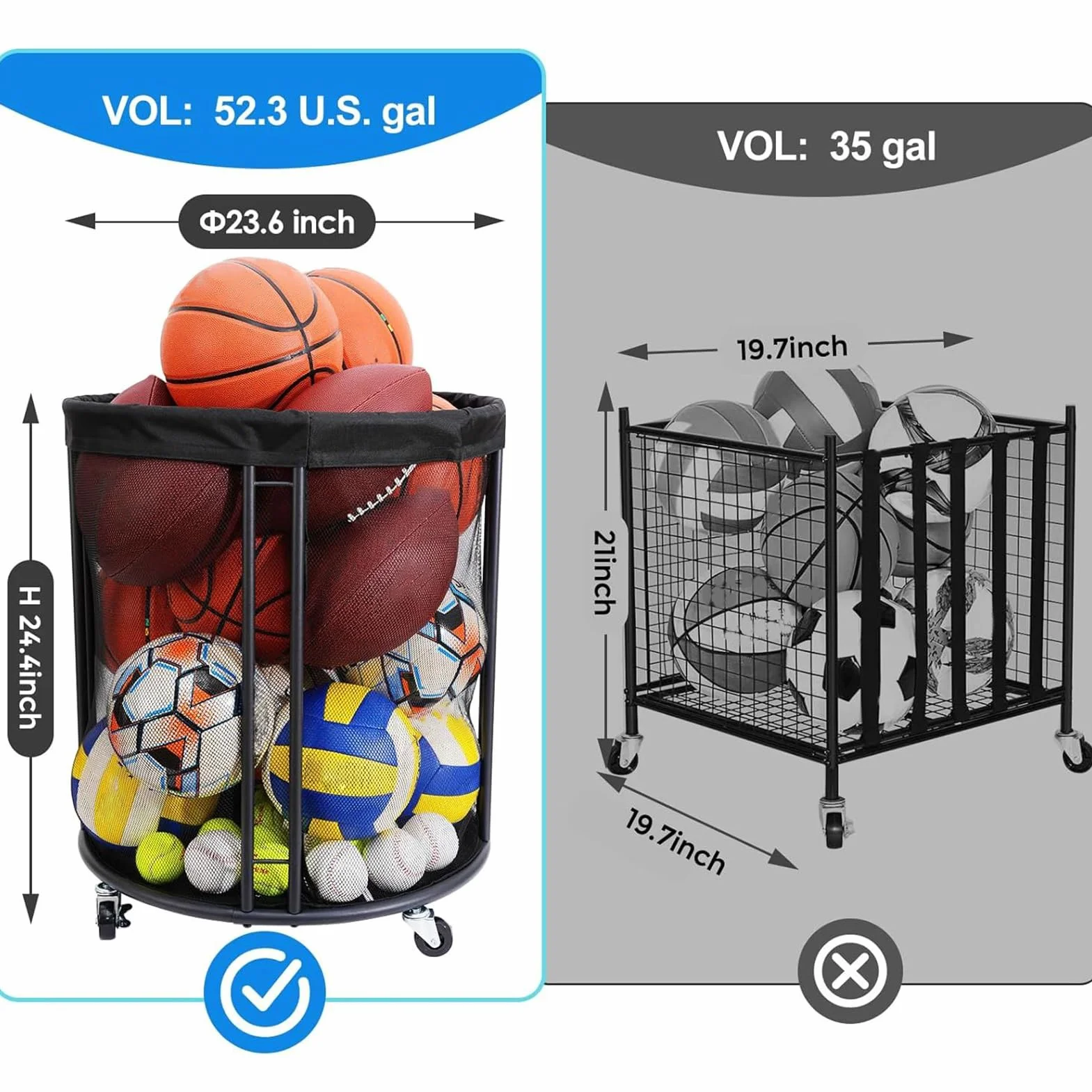 Organizador de Pelotas Caja Contenedor Portátil Red de Almacenamiento para Garaje Exterior Jardín Deportes