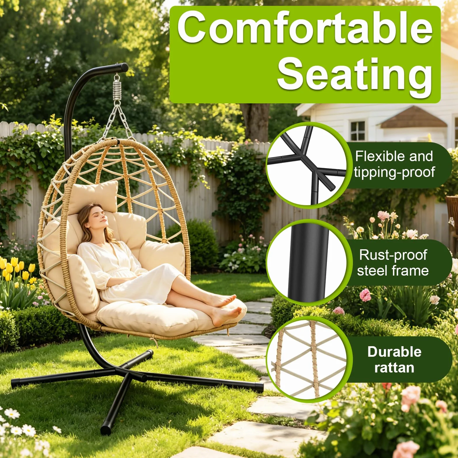 Silla Colgante con Estructura, Silla Colgante Huevo con Reposapiés, Desmontable Cojines Gruesos, Sillon Colgante para Interior & Exterior, Egg Chair Jardín, Balcón, Terraza, Hasta 150 kg - Beige