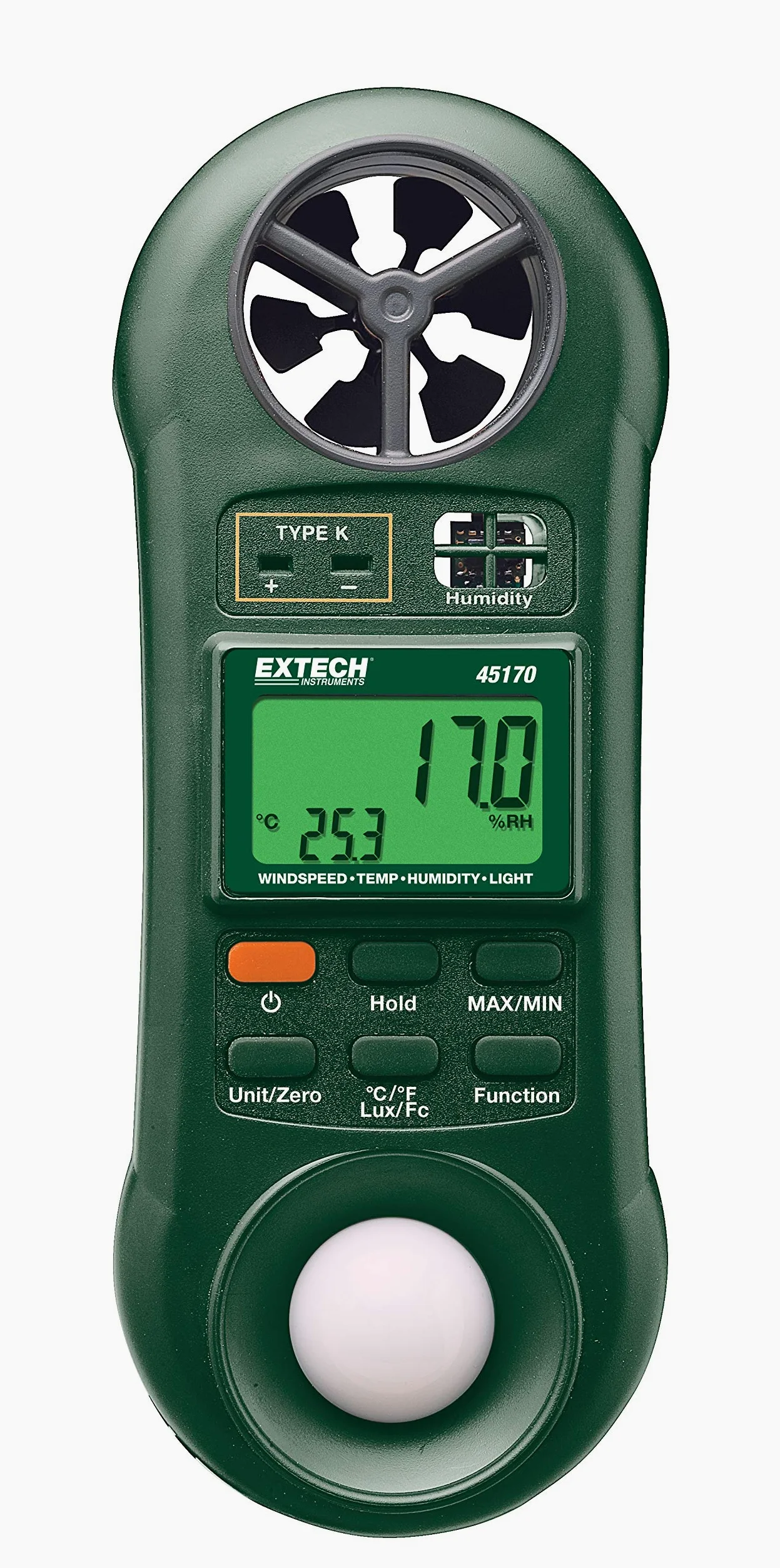 Extech 45170 Medidor Ambiental 4 en 1, Anemómetro y Luz | Velocidad viento, humedad, luz/lux, temperatura, rueda aspa, min/max, bolsillo, HVAC/invernadero