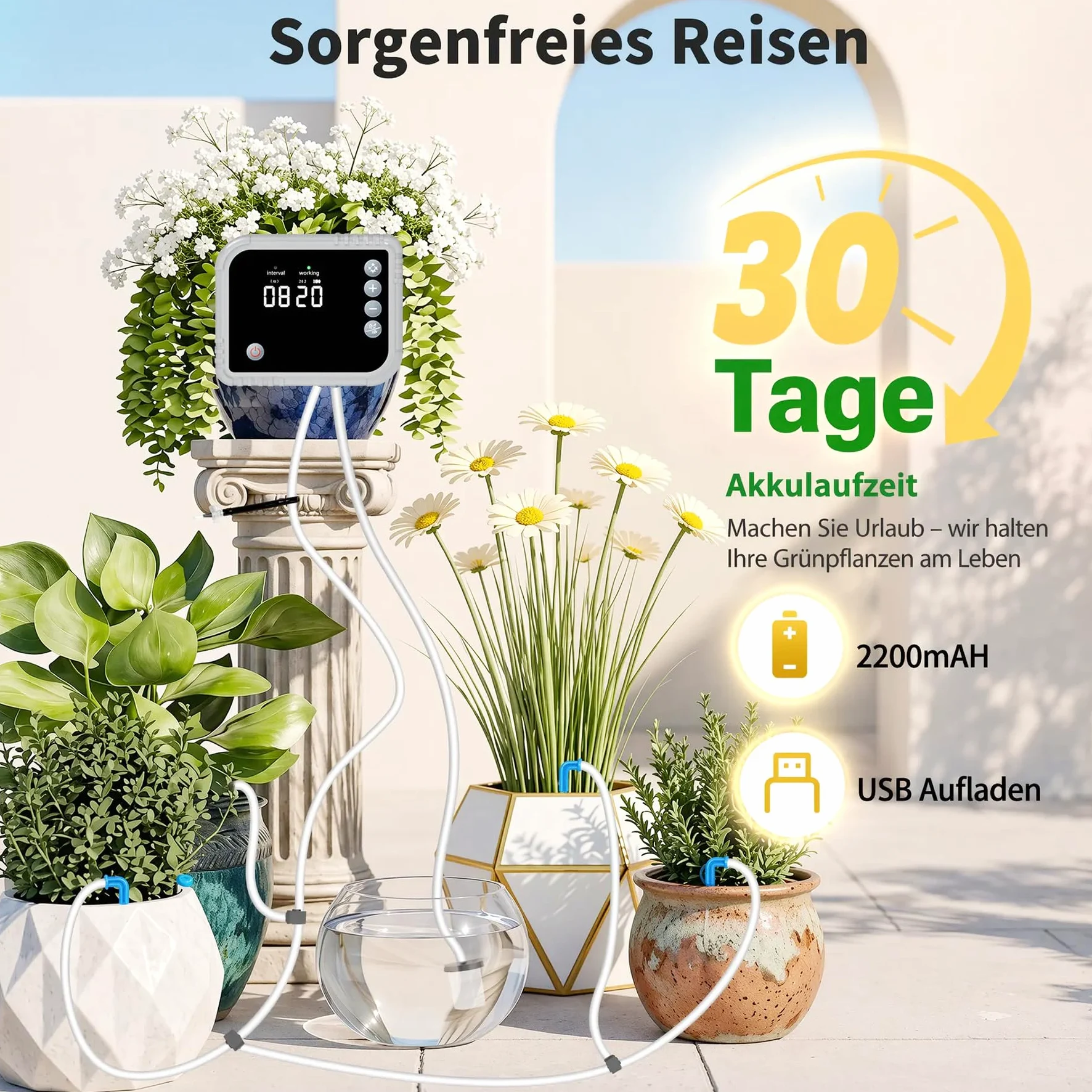 Sistema de riego automático de riego por goteo para riego de plantas interior, pantalla LCD, suministra hasta 15 macetas, 350 modos para vacaciones, balcón