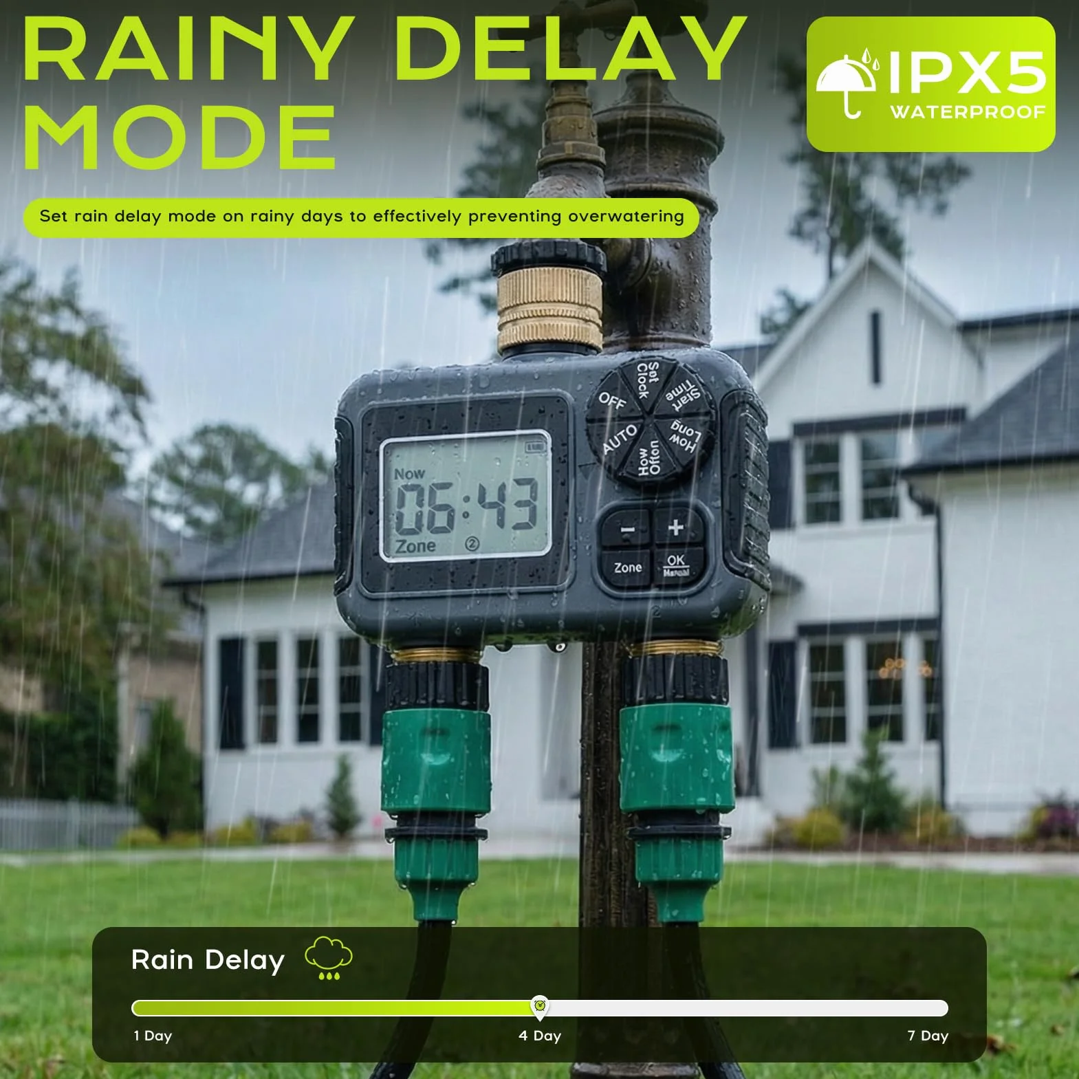 Programador de Riego 2 Salidas, IPX5 Impermeable Temporizador Riego con Entrada y Salida de Latón, Retardo por Lluvia, Riego Automático y Manual, Programador Riego a Pilas para Jardín Césped