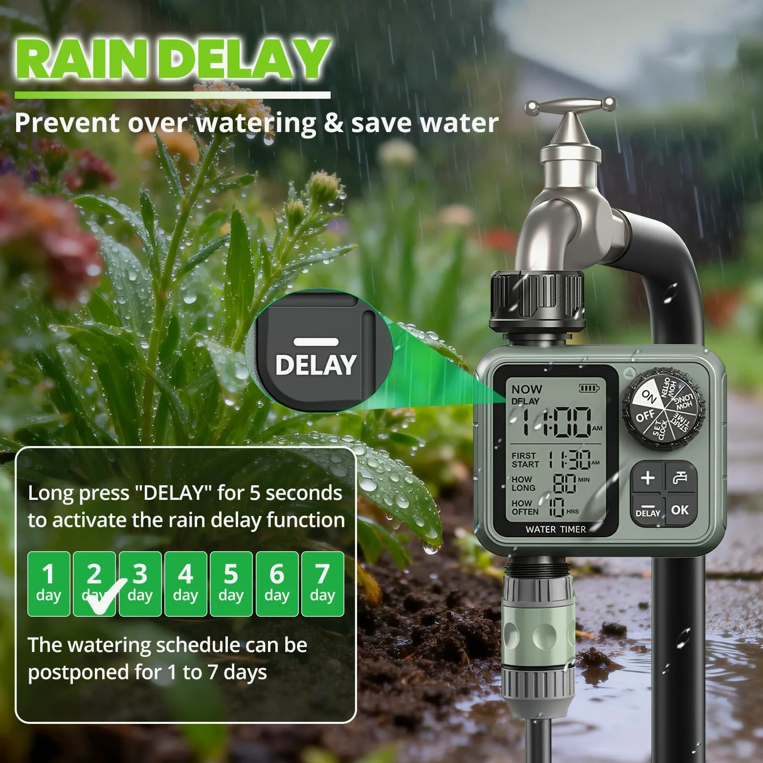 Temporizador de aspersor para manguera de jardín, temporizador de agua de ciclo y remojo con retardo de lluvia, riego manual automático para césped, patio, sistema de riego por goteo al aire