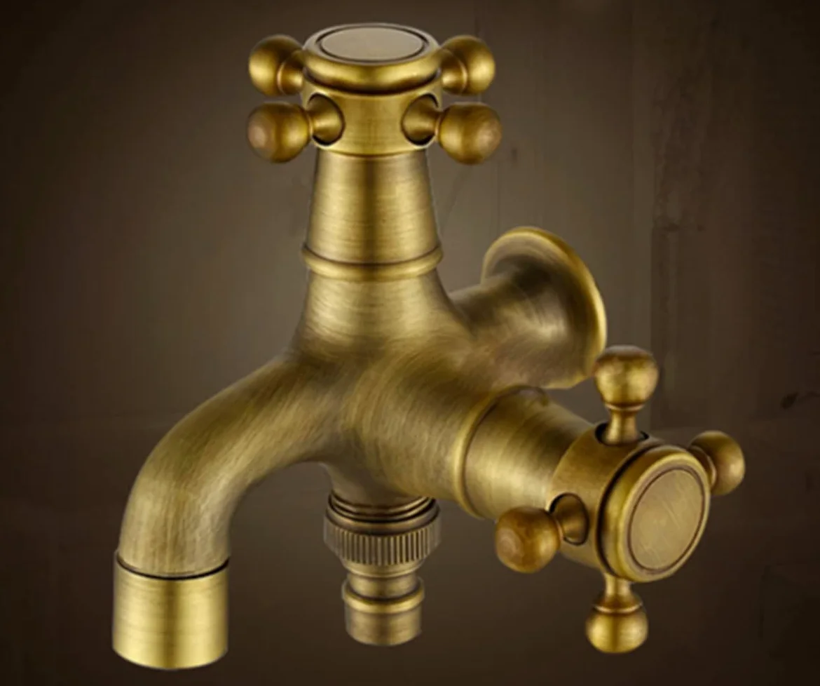 Grifo de Latón Antiguo 1/2 Pulgadas Montaje en Pared para Cocina Lavabo Jardin (Double Salida 1)