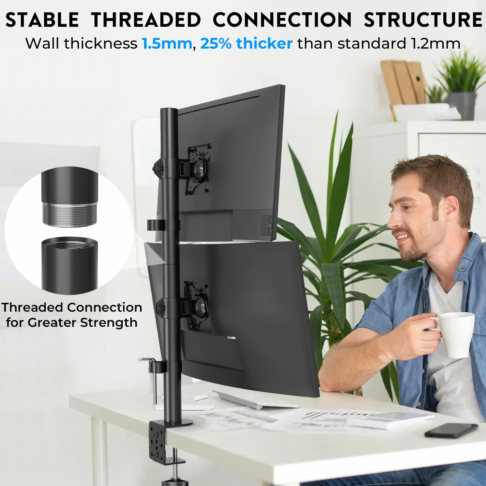 BONTEC Soporte Doble Monitor Vertical 13-34 Pulgadas VESA 75x75/100x100 10kg Brazo Inclinación Rotación Giro