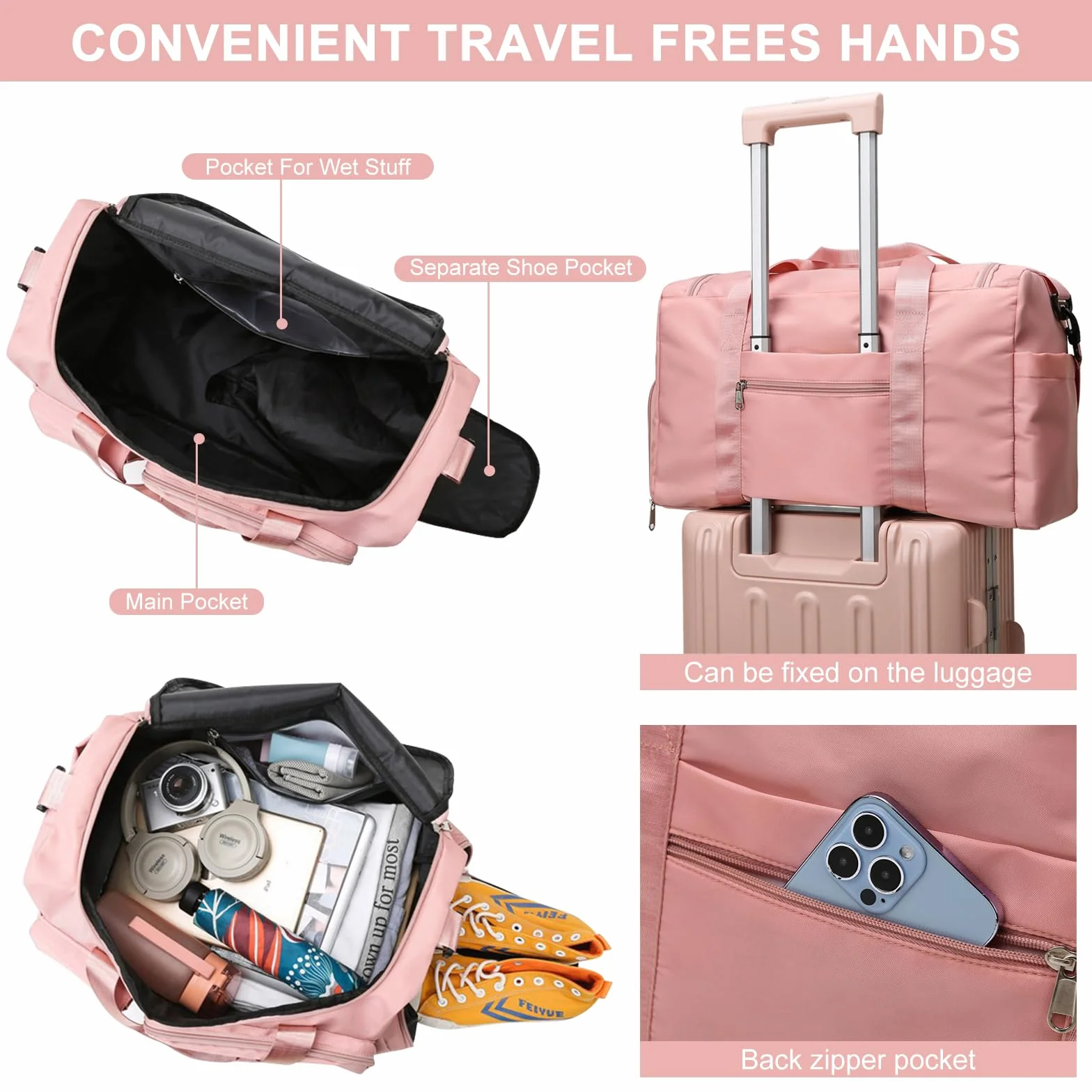 Bolsa de Viaje Plegable Mujer Gran Capacidad Gimnasio con Compartimento Zapatos y Bolsillo Húmedo