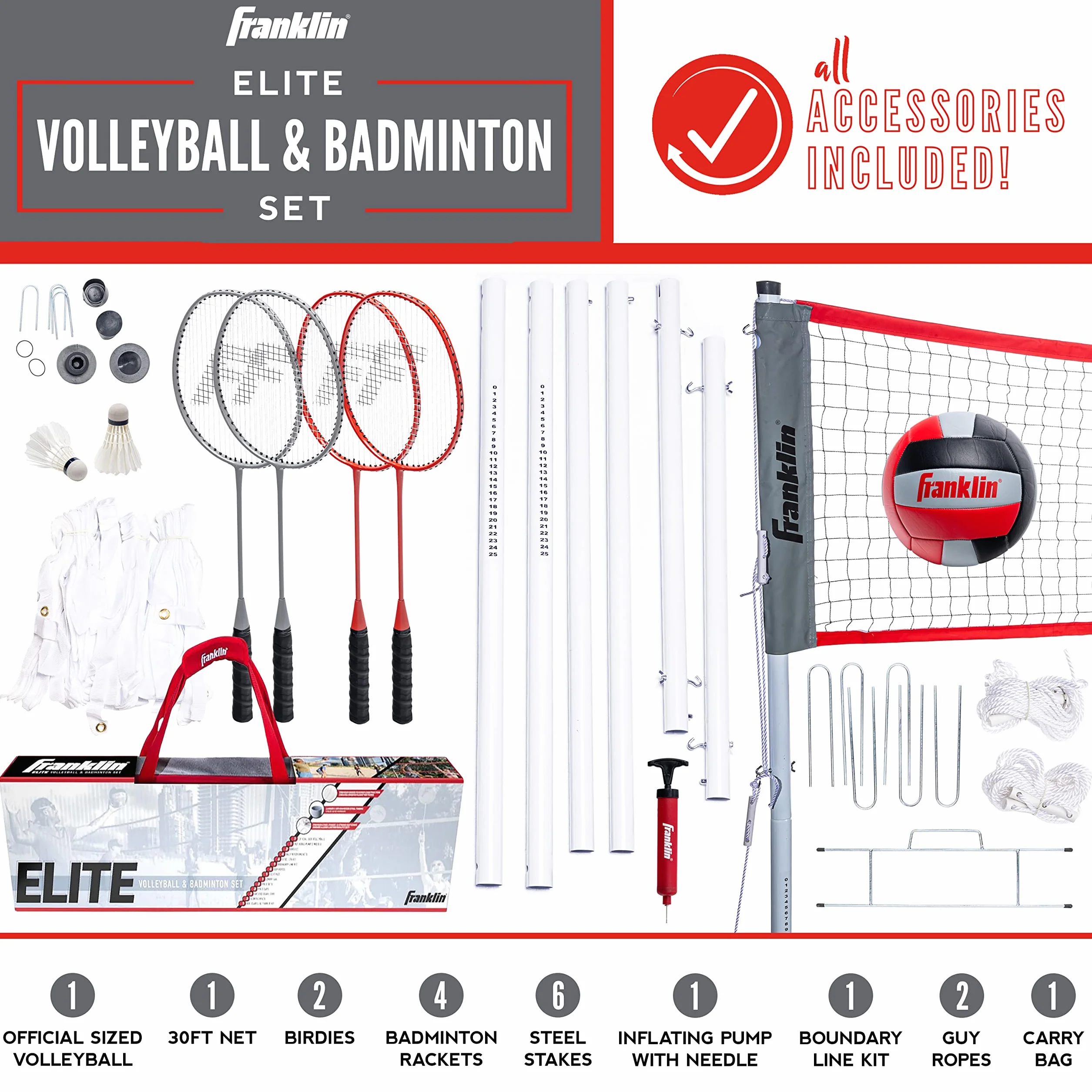 Franklin Sports Juego combinado voleibol bádminton red exterior playa portátil postes raquetas