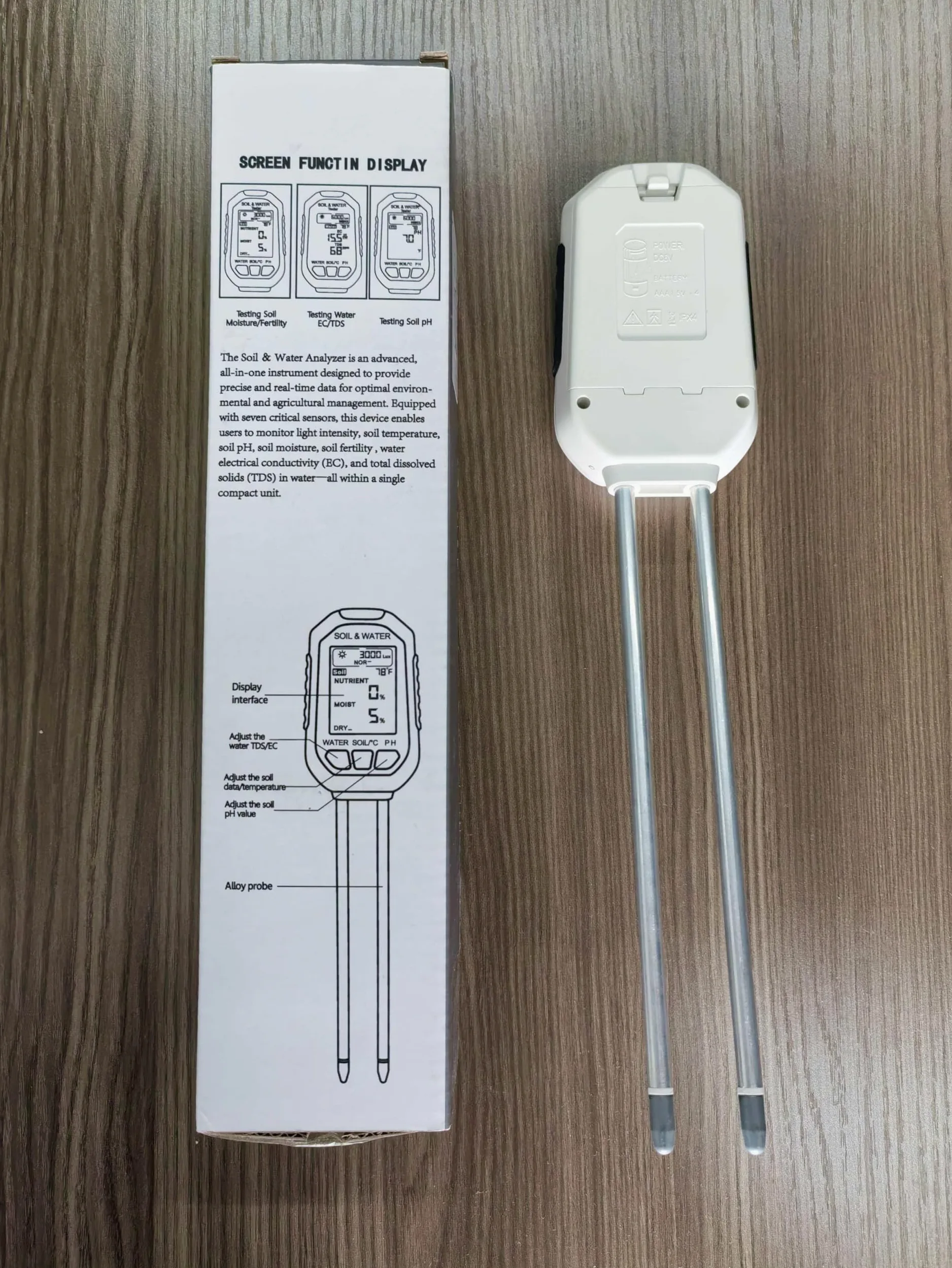 Analizador de suelo 7 en 1: mide la calidad del agua, el pH, la humedad, la temperatura, la luz, los nutrientes, la conductividad, etc. Apto para interiores, jardines y exteriores.