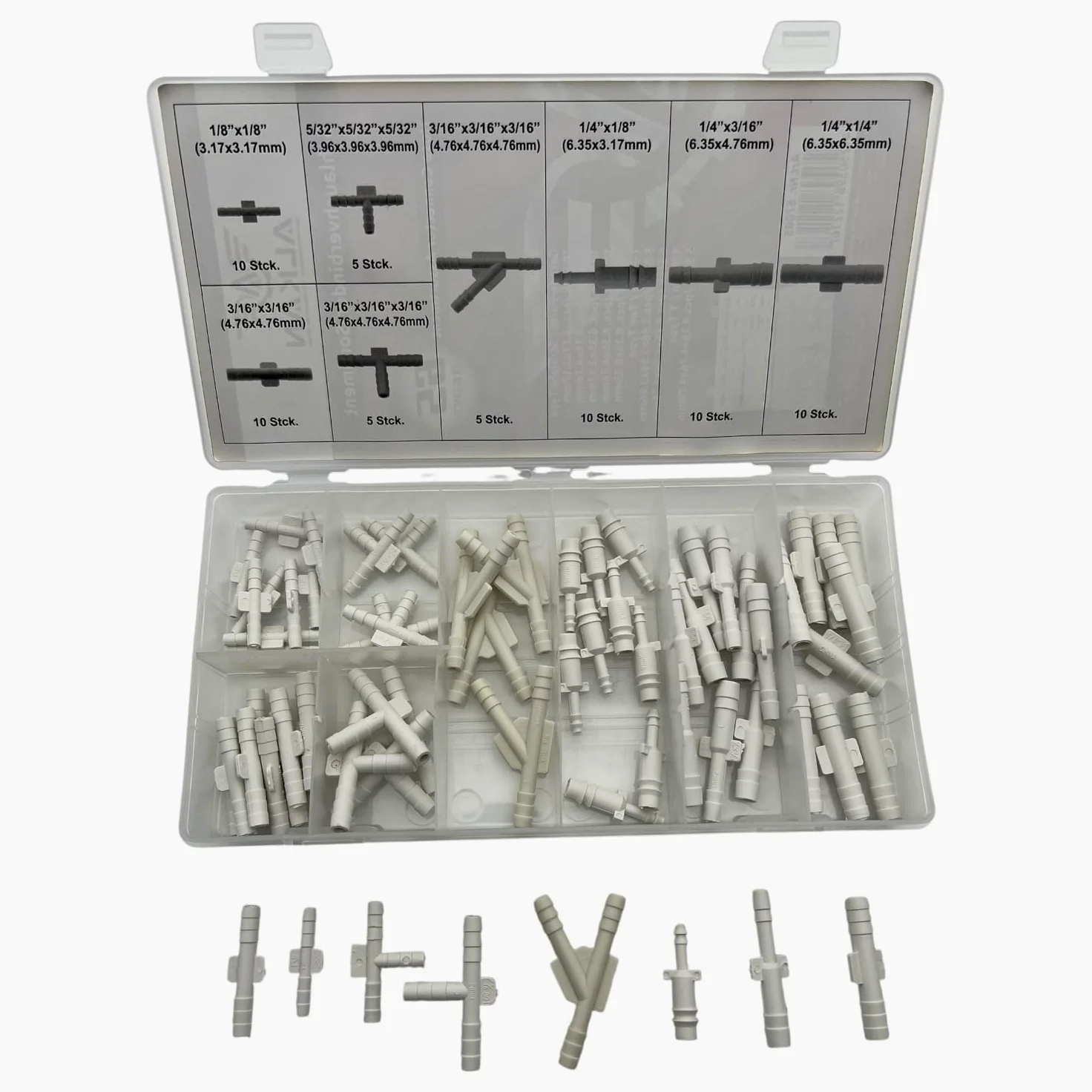 Surtido de conectores de manguera de 1/8" (3,17 mm) hasta 1/4" (6,35 mm) / Mini conector de vacío de plástico para manguera de aire en forma de T (pieza en T) y forma de Y, 65 piezas