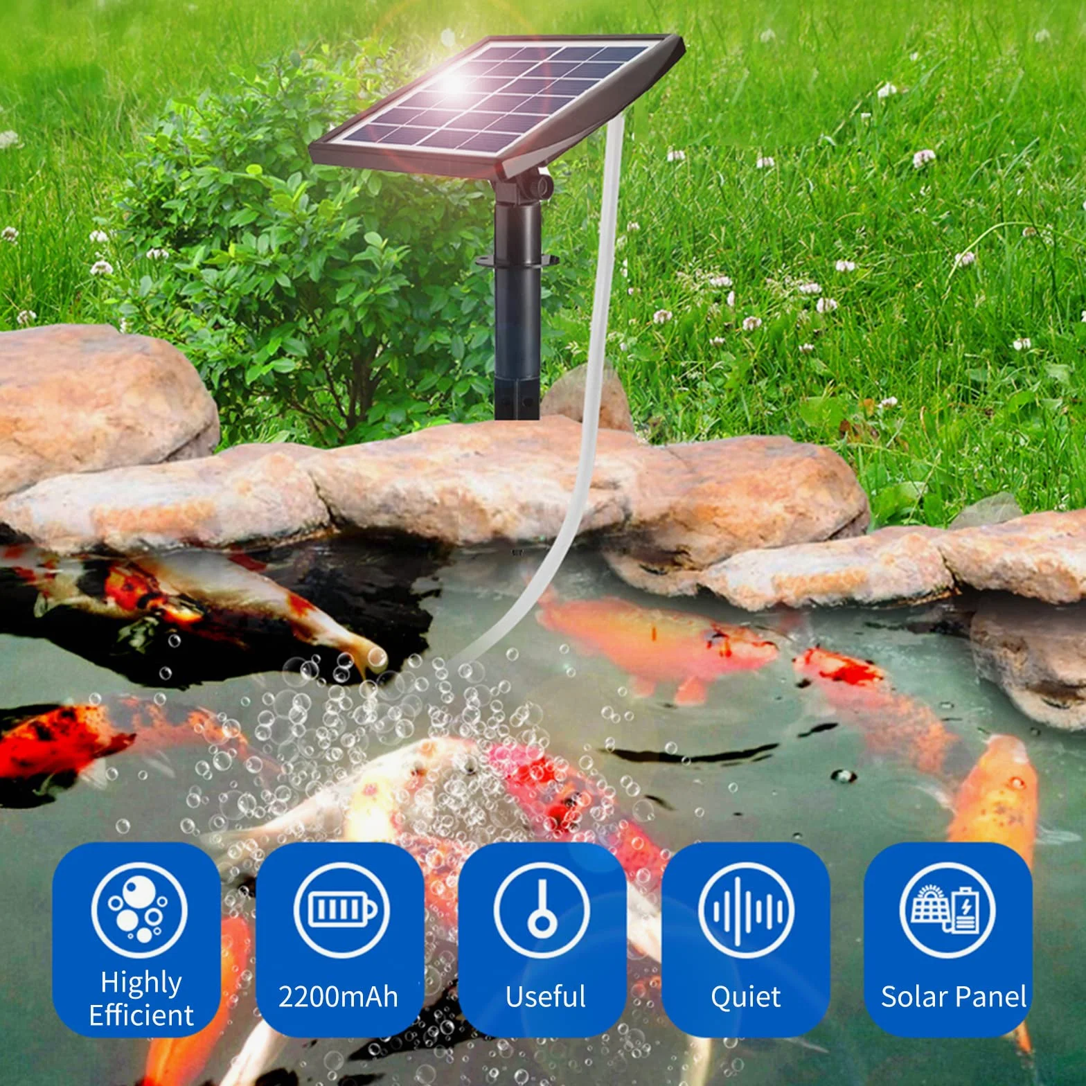 Andoer,Aireador solar de estanque, bomba de oxígeno de 6 V, 2 W, con tubo de 8.2 pies, 2 piedras de burbujas de aire, para acuario, oxigenador, acuario, piscina al aire libre, estanque