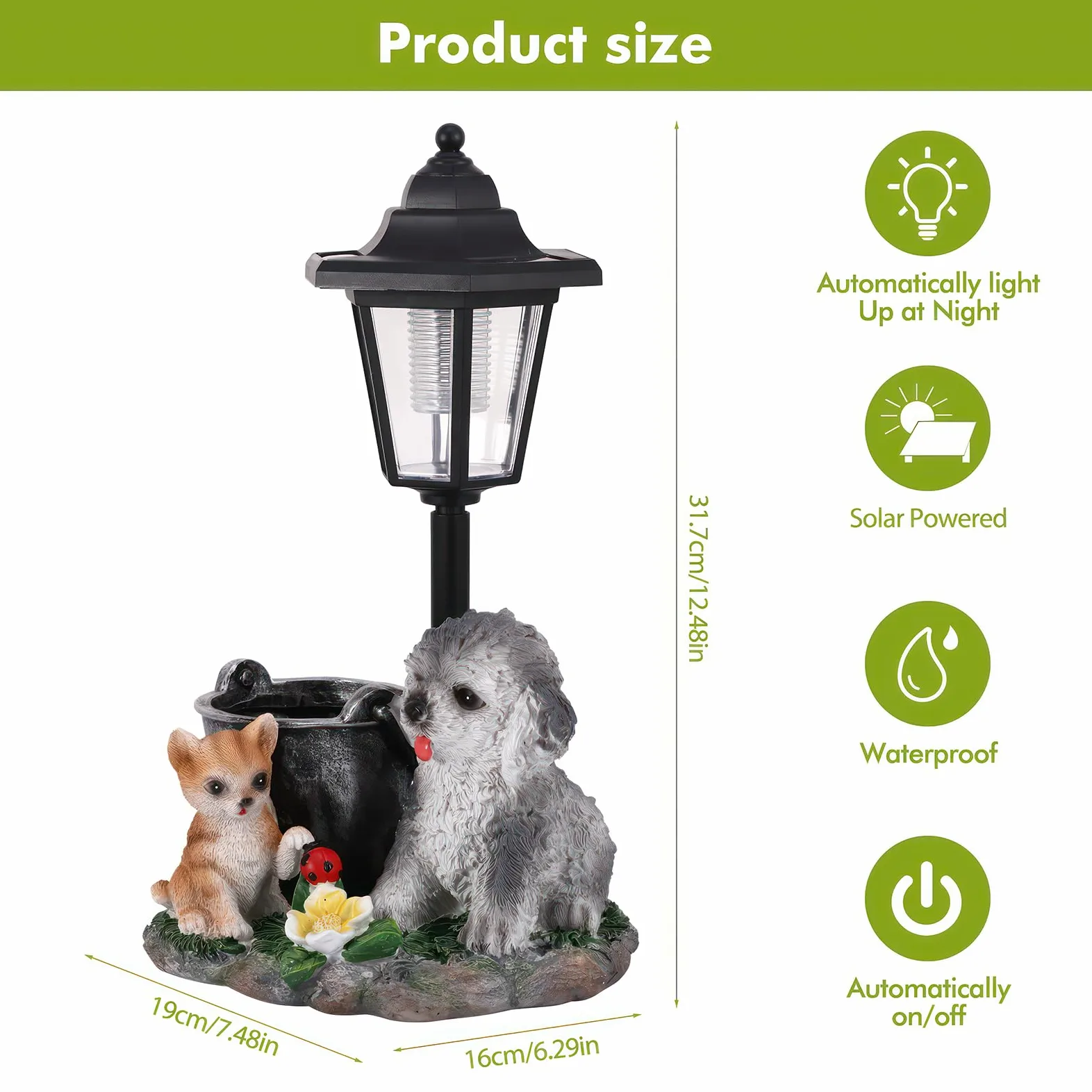 Estatua de jardín para perros con luz solar, decoración exterior, resistente al agua y linda