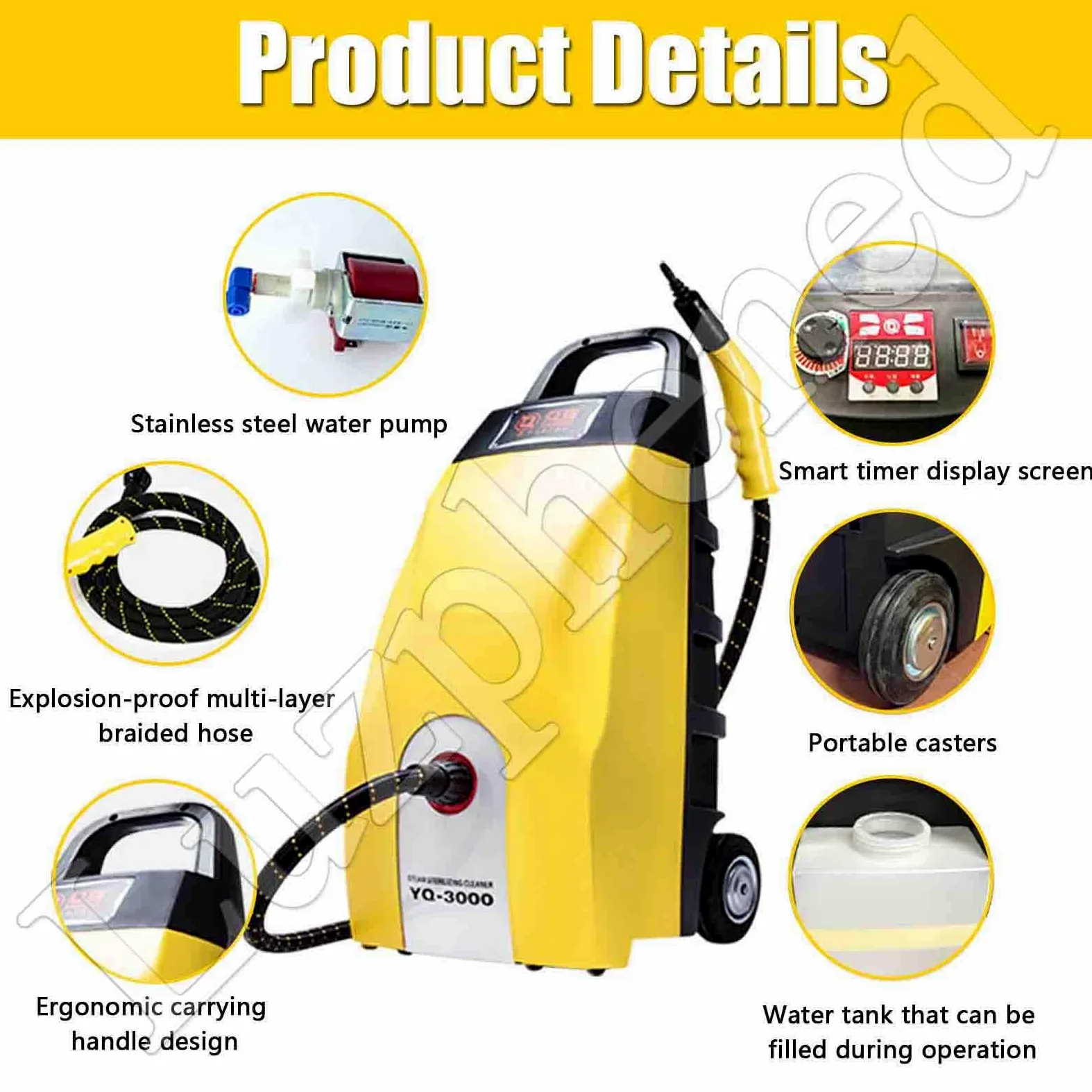 Hidrolimpiadora de Vapor de Alta presión de 3000 W, con Tanque de Agua de 3.5 L, para Uso doméstico y en Autos, Limpia eficazmente Pisos, tapicería, Azulejos y más Yellow