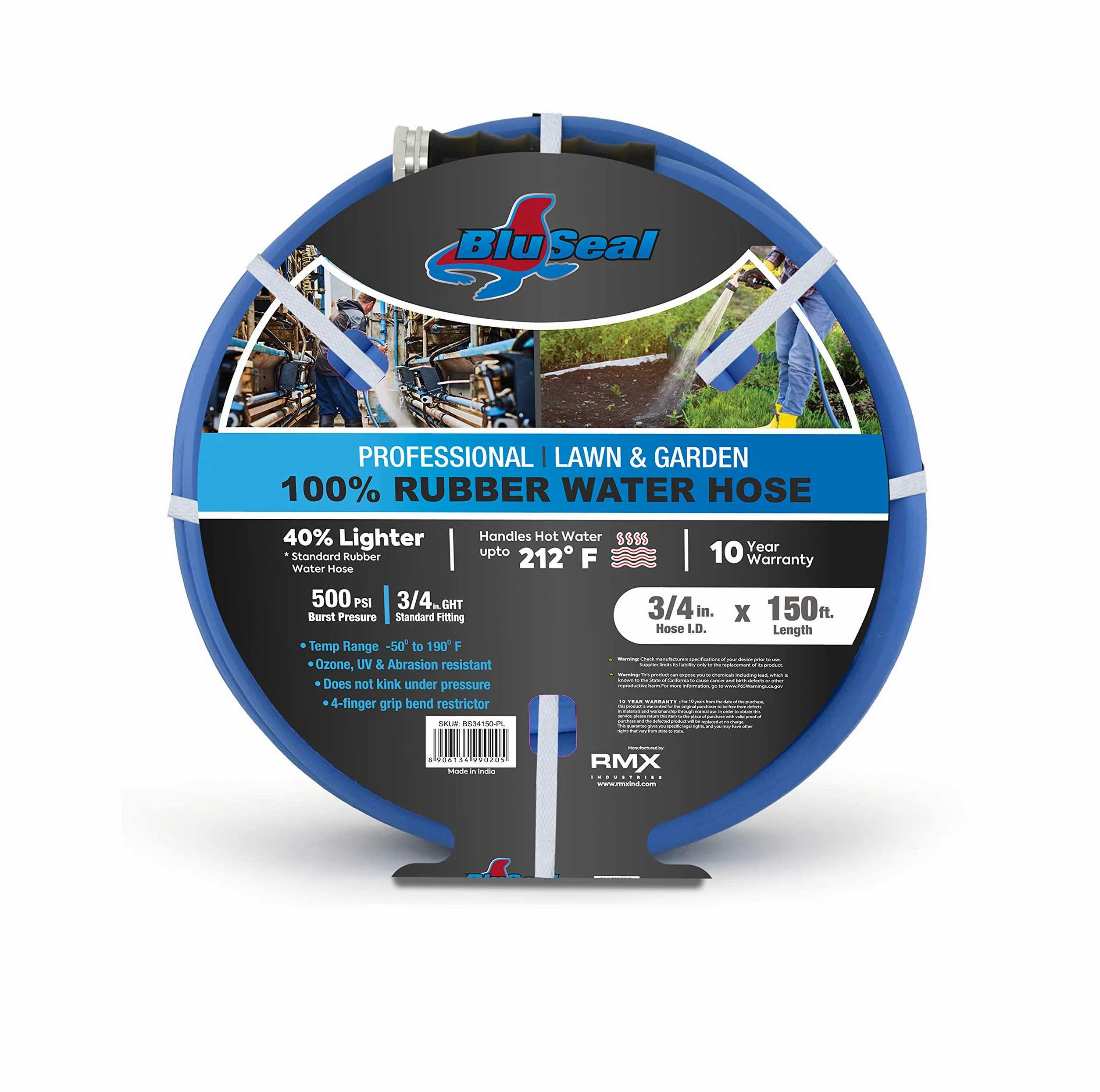 BluSeal - Manguera de jardín de goma para agua caliente/fría, 100% goma, ultraligera, súper fuerte, 500 PSI, 50F a 190F grados, poliéster trenzado de alta resistencia (3/4 pulgadas x 150)