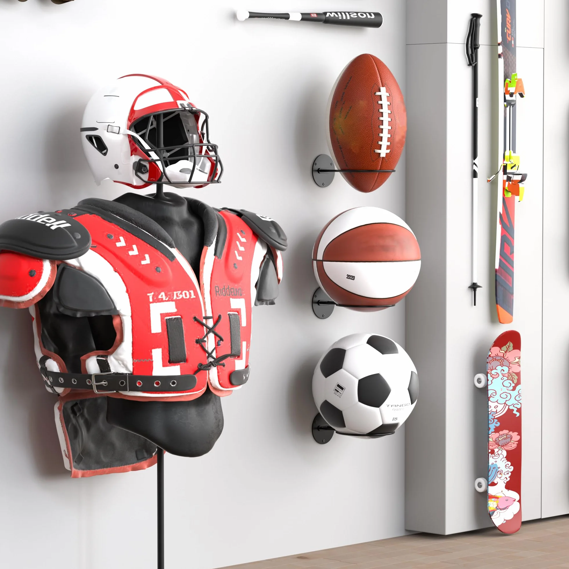 Soporte de pared para exhibición de baloncesto, fútbol, rugby - estante de almacenamiento negro