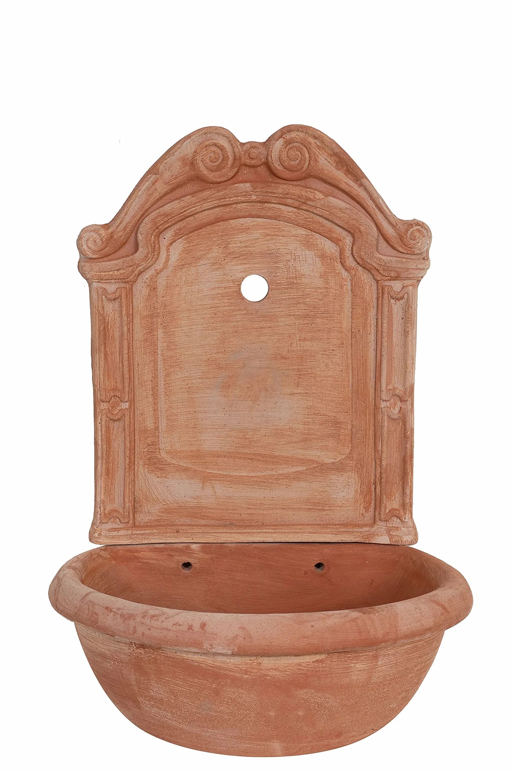 Biscottini Fuente de jardín exterior 45 x 36 x 64 cm – Fuente de pared de terracota hecha a mano – Fuente de jardín – Fuentes de pared – Lavabo decorativo de terracota con bañera y respaldo