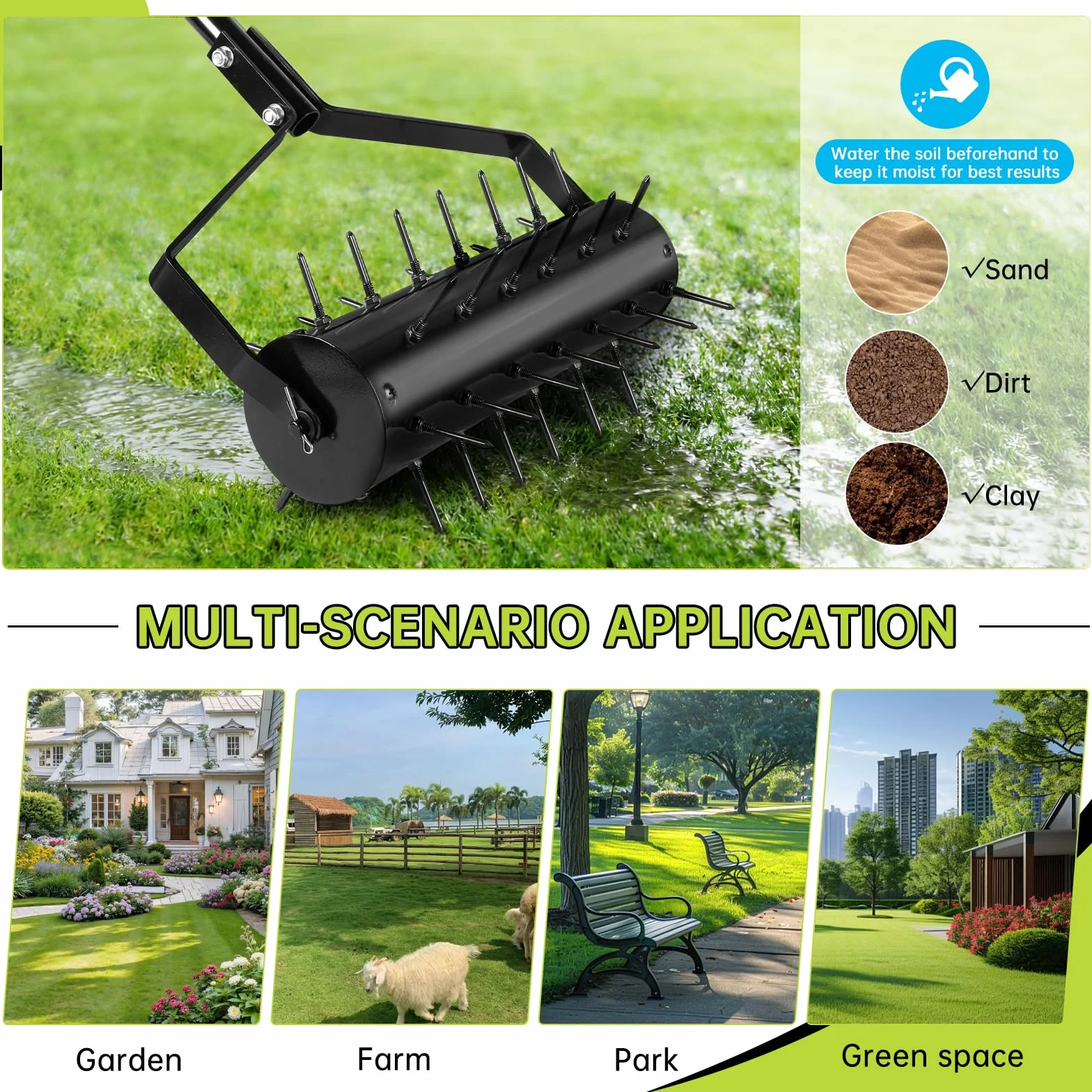 Rodillo Aerificador Manual para Césped 44 x 141 cm – Escarificador Manual con 39 Púas (5,8 cm) y Mango – Rodillo Airificador – Descompactador para Jardín, Patio, Terraza