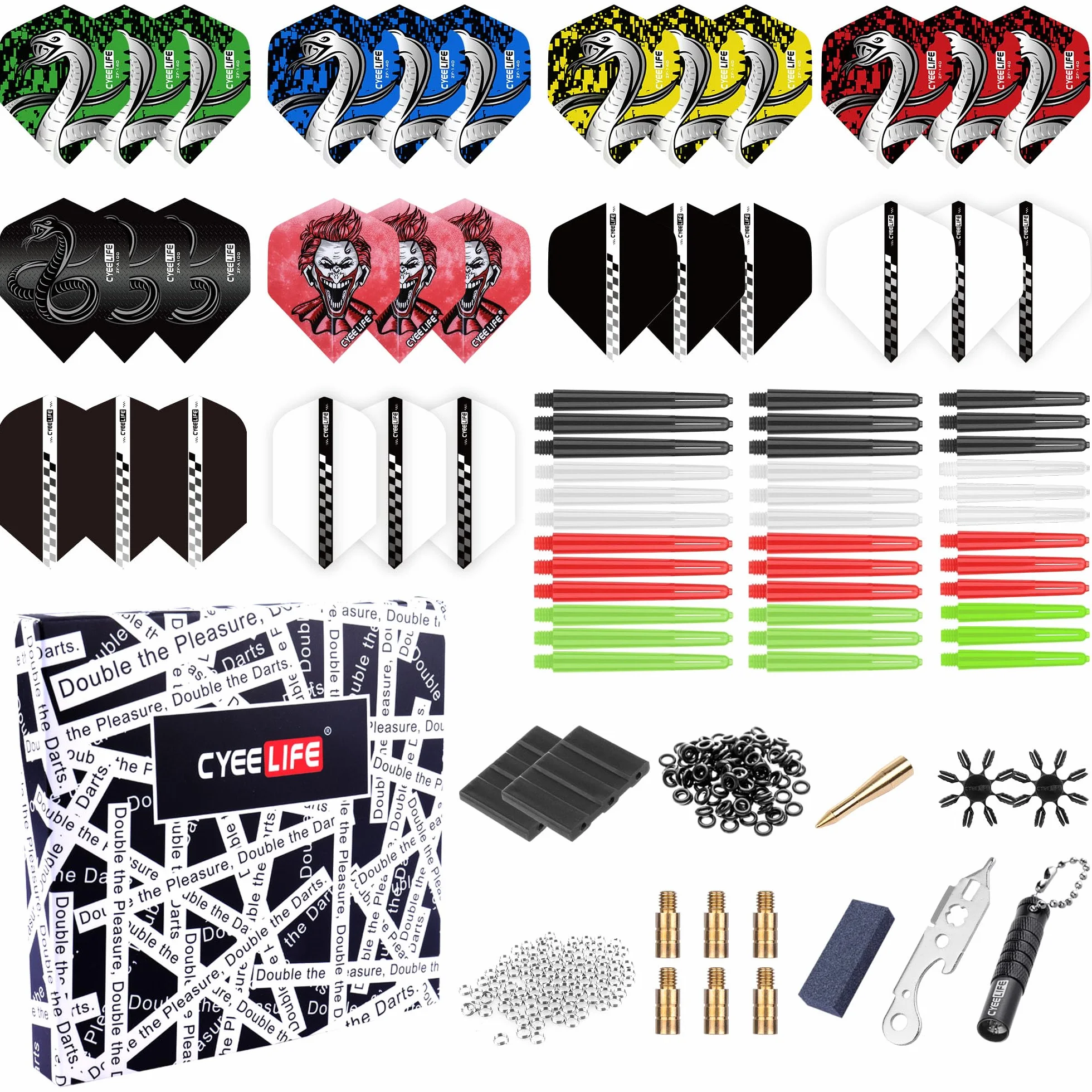 CyeeLife Juego de accesorios para dardos de 180 piezas con plumas, cañas, protector de punta, vuelo, contrapeso, afilador, herramienta de extracción