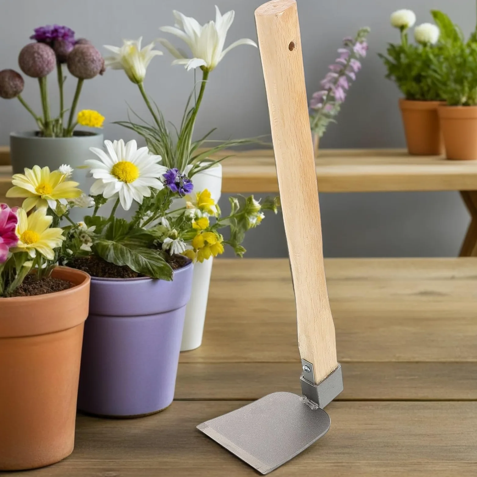 Azadas de Acero Mango de Madera 2piezas para Deshierbe y Cavar Suelo, Herramientas Manuales Ergonómicas Ideales para Jardinería y Cultivo en Exteriores