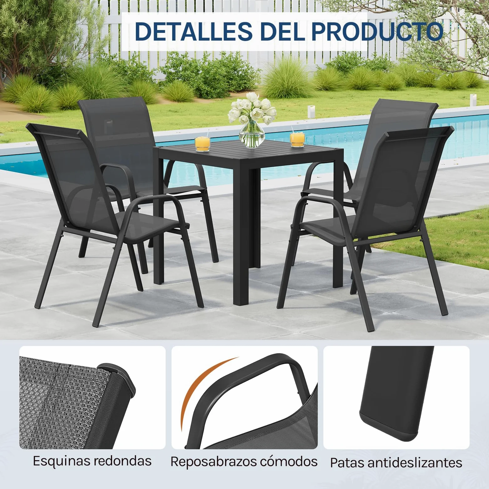 WOLTU Sillas de Jardín, Juego de 4 Sillones Apilables de Exterior, Respaldo Transpirable, Sillas para Terraza Patio Balcón, Estructura de Metal, Gris Oscuro