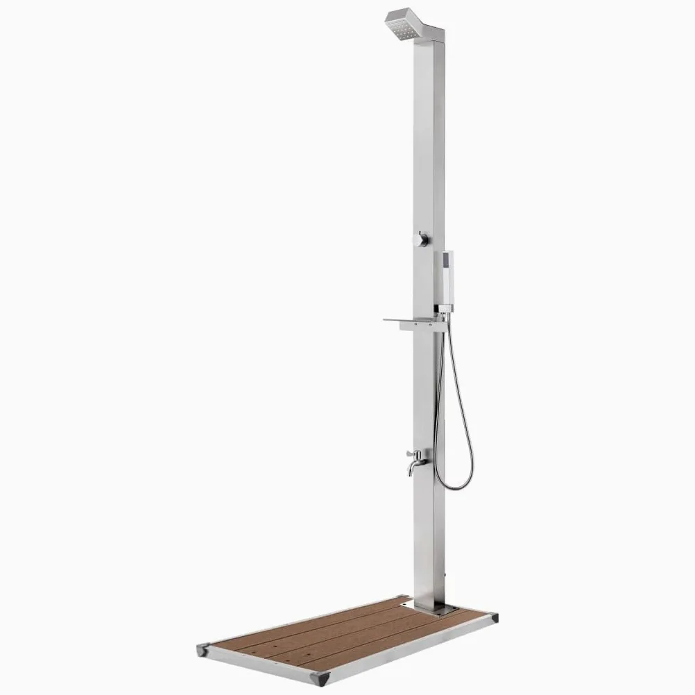 Ducha de jardín de acero inoxidable con placa de suelo de WPC marrón de 225 cm de altura, alcachofa de ducha, grifo de lavado de pies, accesorios para jardín, exterior, piscina, spa, jacuzzi