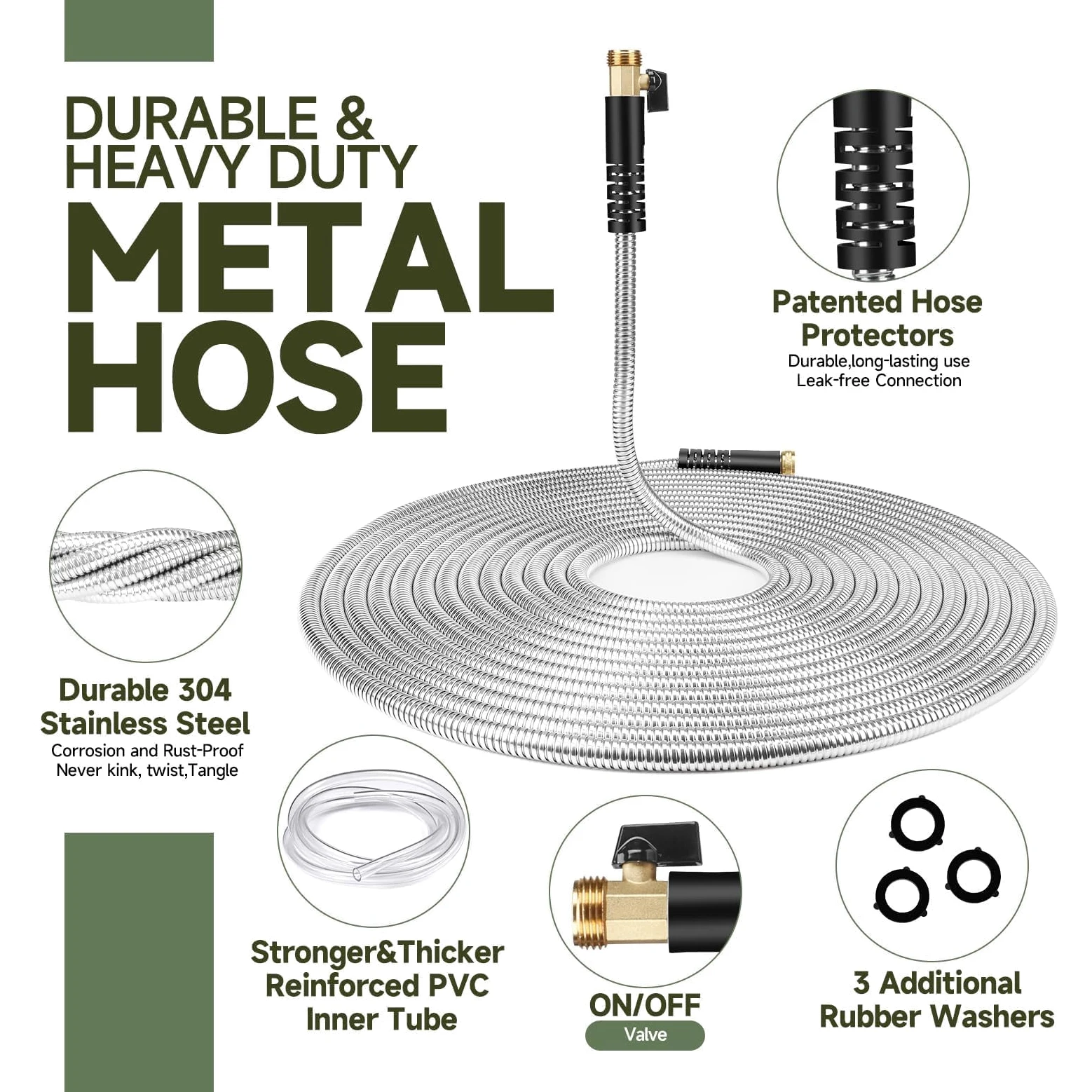Manguera de jardín de metal flexible de acero inoxidable de 50 pies, resistente, ligera, fuerte, duradera, sin torceduras, manguera larga con boquilla de 10 funciones para patio al aire libre