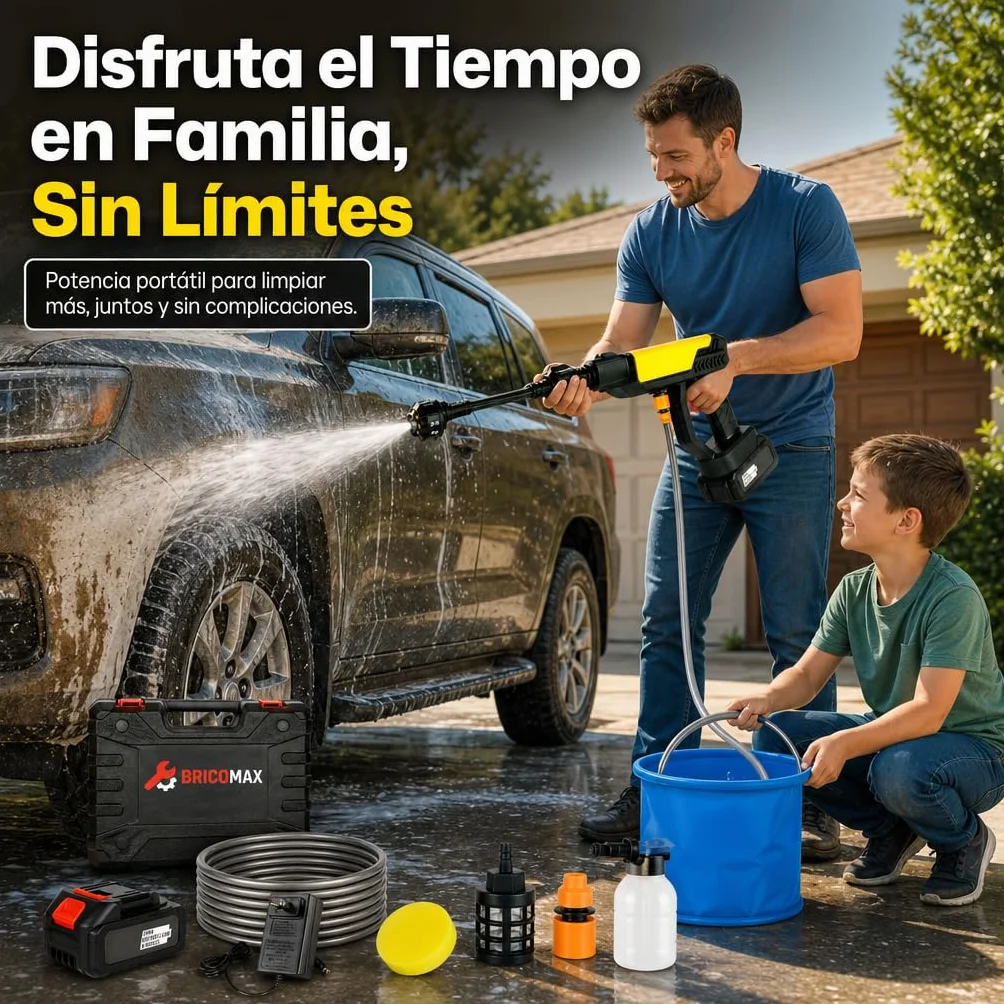 Hidrolimpiadora Batería Premium para Limpieza Alta PRESIÓN sin Cables 48V y Esponja - Pistola de Agua a Presión con Cubo Portátil - Hidrolavadora Portátil para el Coche, Jardín y Exteriores
