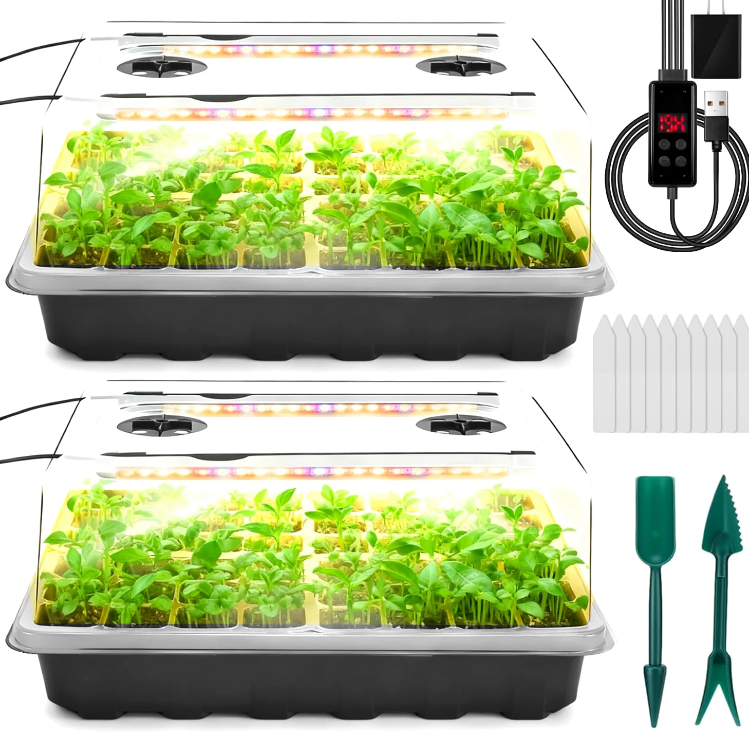 Bandeja de inicio de semillas con luz de crecimiento, kit de inicio de semillas de 96 celdas, bandejas de inicio de plántulas con cúpulas de humedad, temporizador automático, bandejas de