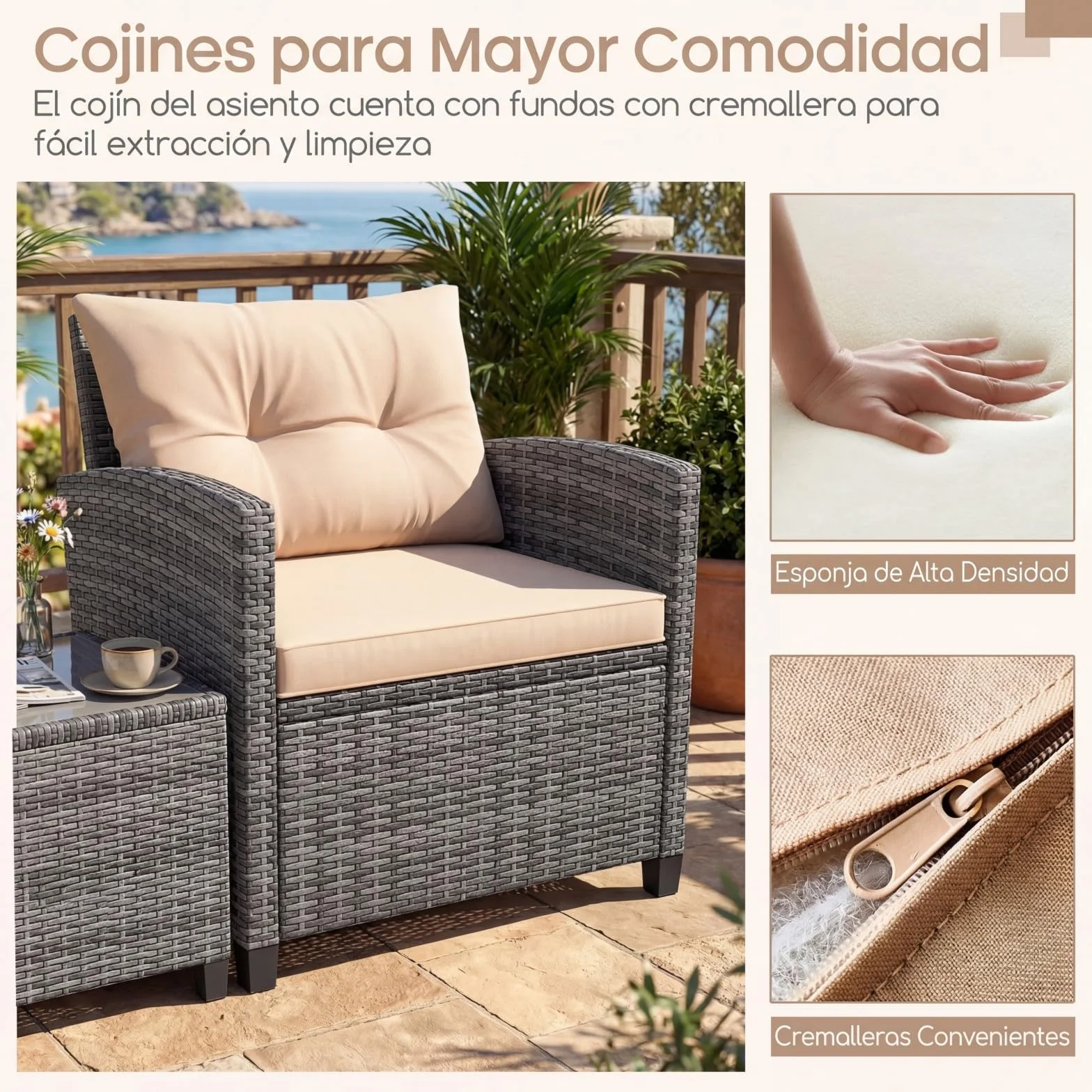 GIANTEX Conjunto de Muebles Jardín 3 Piezas, Mesa y Sillas de Exterior de Ratán PE con Cojines, Mesa con Tablero de Vidrio, para 2 Personas, para Terraza, Patio, Balcón (Gris+Marrón)