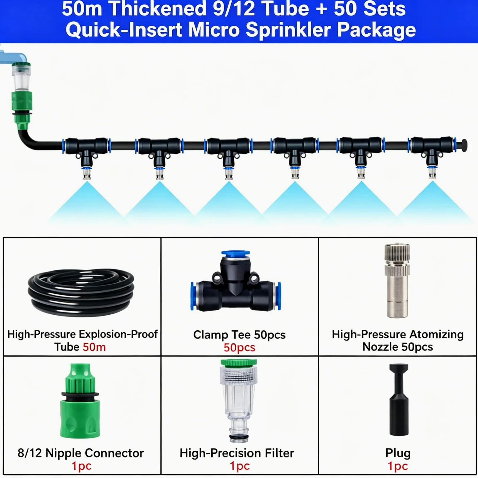 Sistema de riego automático para jardín, Kit de riego por goteo con boquillas atomizadoras y tubos para invernadero, jardín, césped, huerto negro 50m 912 pipe + 50 sets of quick-connect fittings