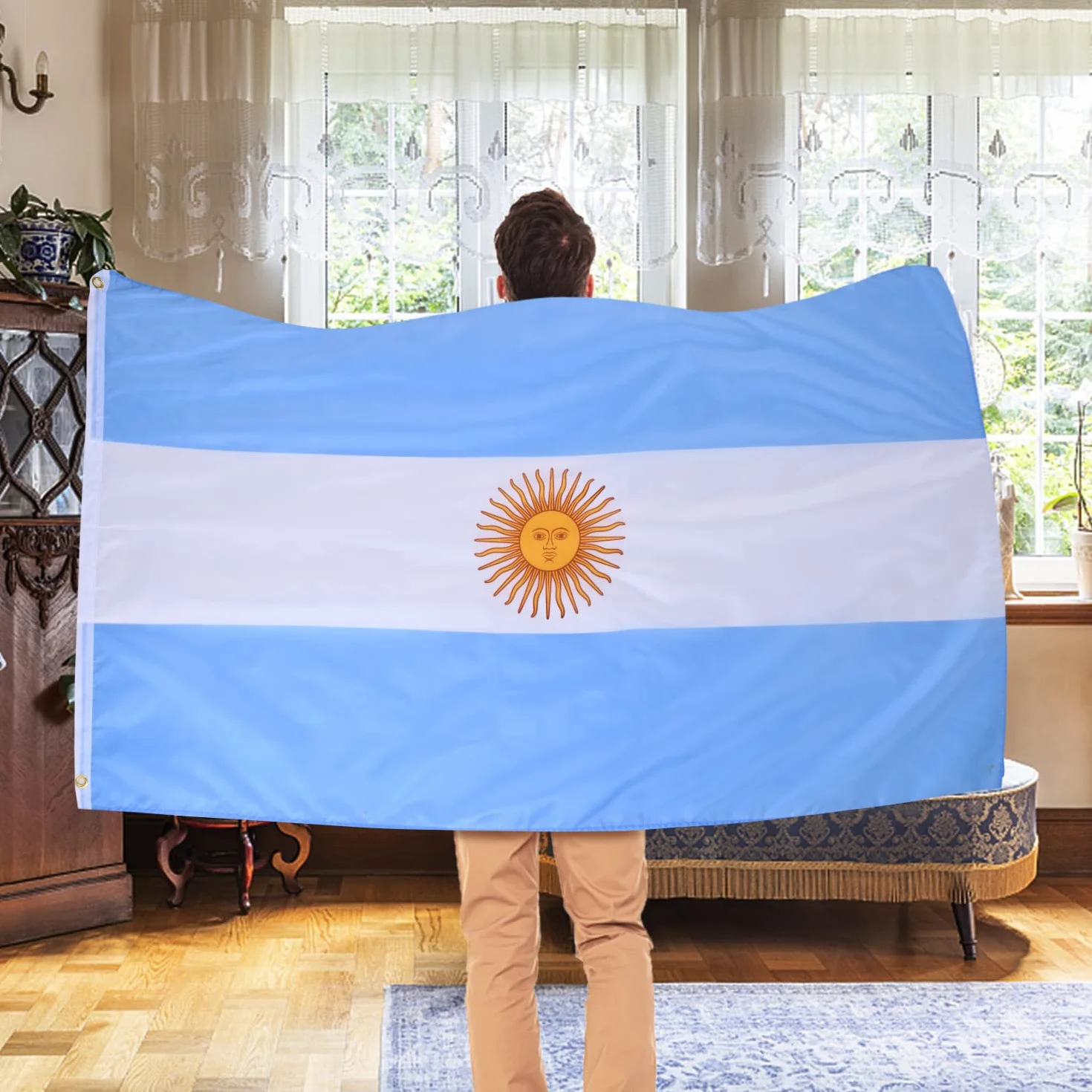 AhfuLife Bandera de Argentina 90cm x 150cm, 1 Pieza Bandera Argentinas con Agujeros de Latón en Ambos Lados, para Decoraciones de Fiestas, la Copa del Mundo, Fútbol, Día Nacional, Jardín, Calle