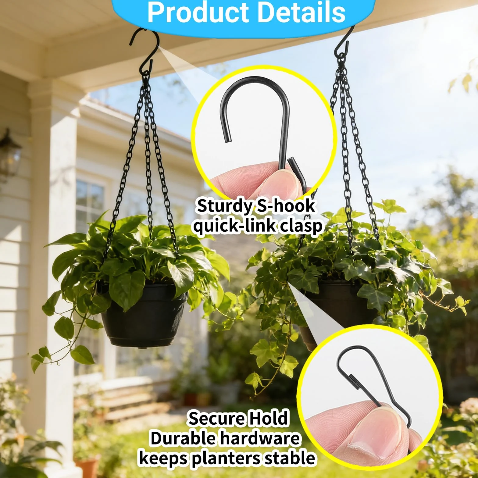 Cadenas Colgantes para macetas 6 Unidades 4x50cm y 2x25cm Negras, Ganchos y Anillas Ajustables para Colgar Plantas, faroles y comederos, Uso Interior y Exterior jardín terraza
