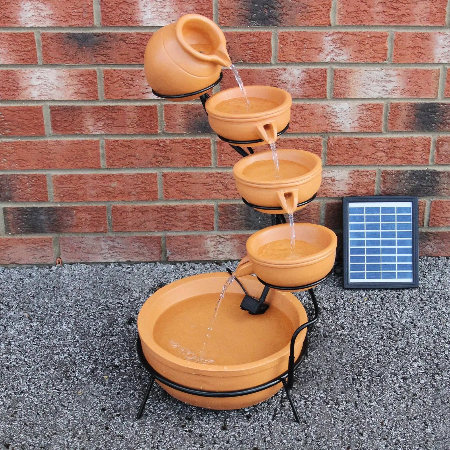 Fuente solar en cascada Terracota 4 niveles - Decoración al aire libre Jardín Terraza Bebedero - Batería 6H [estaca de tierra con panel solar incluido]