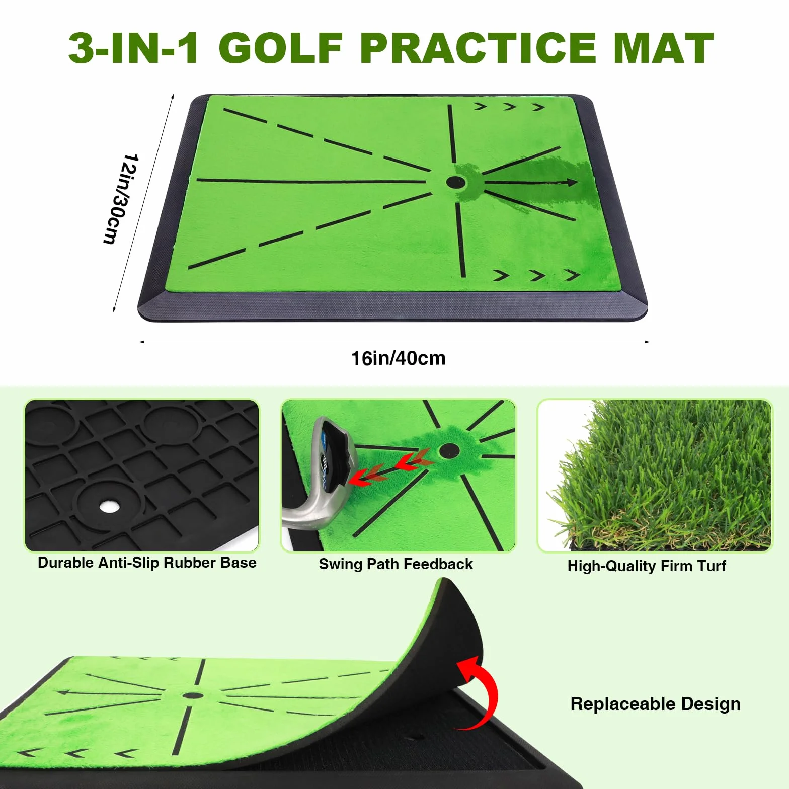 Alfombrilla de Golf 3 en 1, Entrenador de Swing con Feedback Instantáneo, Base Antideslizante