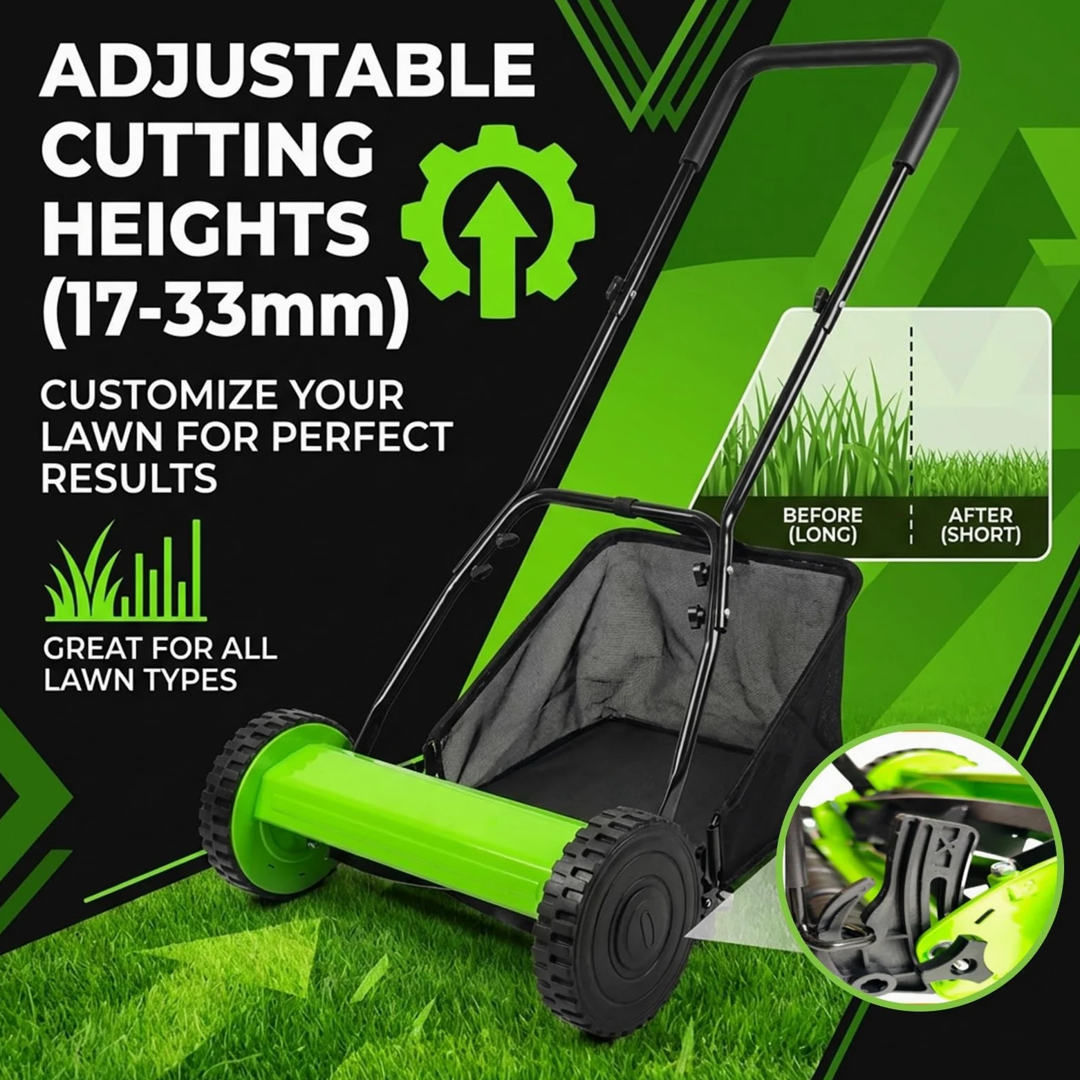 Cortacésped manual, cortador manual de césped con cuchillas de acero al manganeso, altura de corte ajustable de 17 a 33 mm, ruedas antideslizantes para un fácil corte