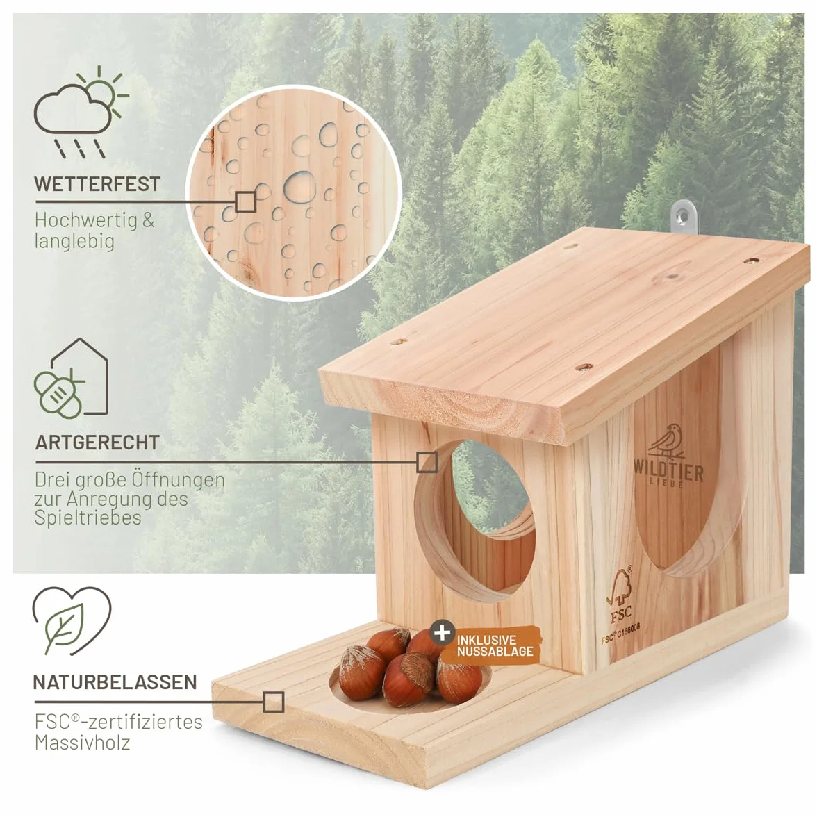 wildtierliebe Casa de juegos de ardilla resistente a la intemperie, comedero de madera maciza atornillada, 100 % resistente a la intemperie, estación de alimentación para alimentar a ardillas,