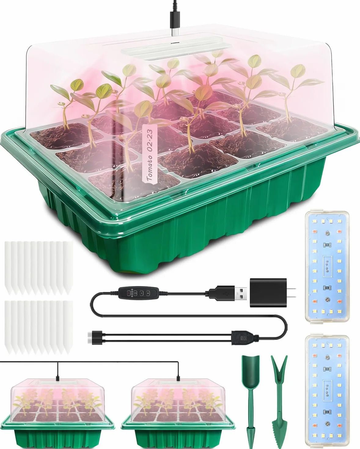 Bandeja de inicio de semillas con luz de crecimiento (2 x 24 LED), kit de inicio de semillas con cúpulas de humedad y controlador de temporización, brillo ajustable, bandeja de inicio de plántulas
