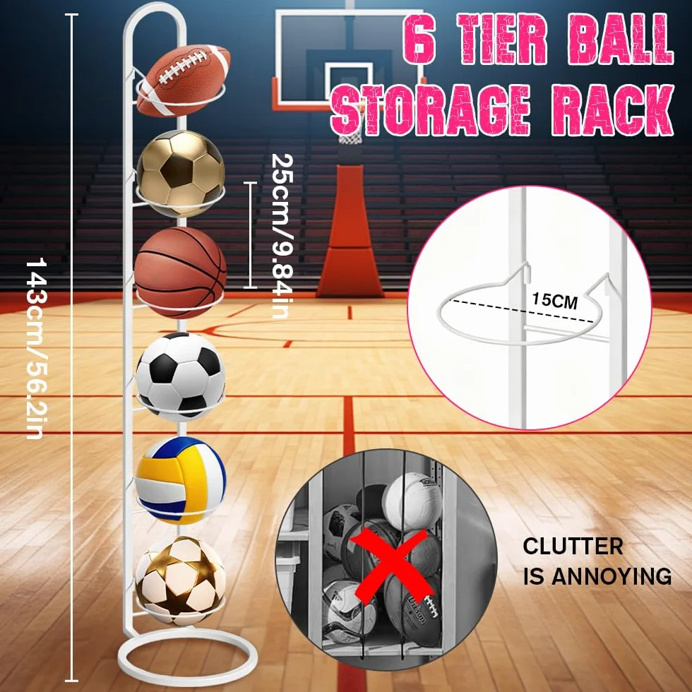 Soporte de Pelota de Metal para Baloncesto Fútbol Rugby Voleibol, Estante de Almacenamiento Vertical Extraíble, 6 Niveles Blanco