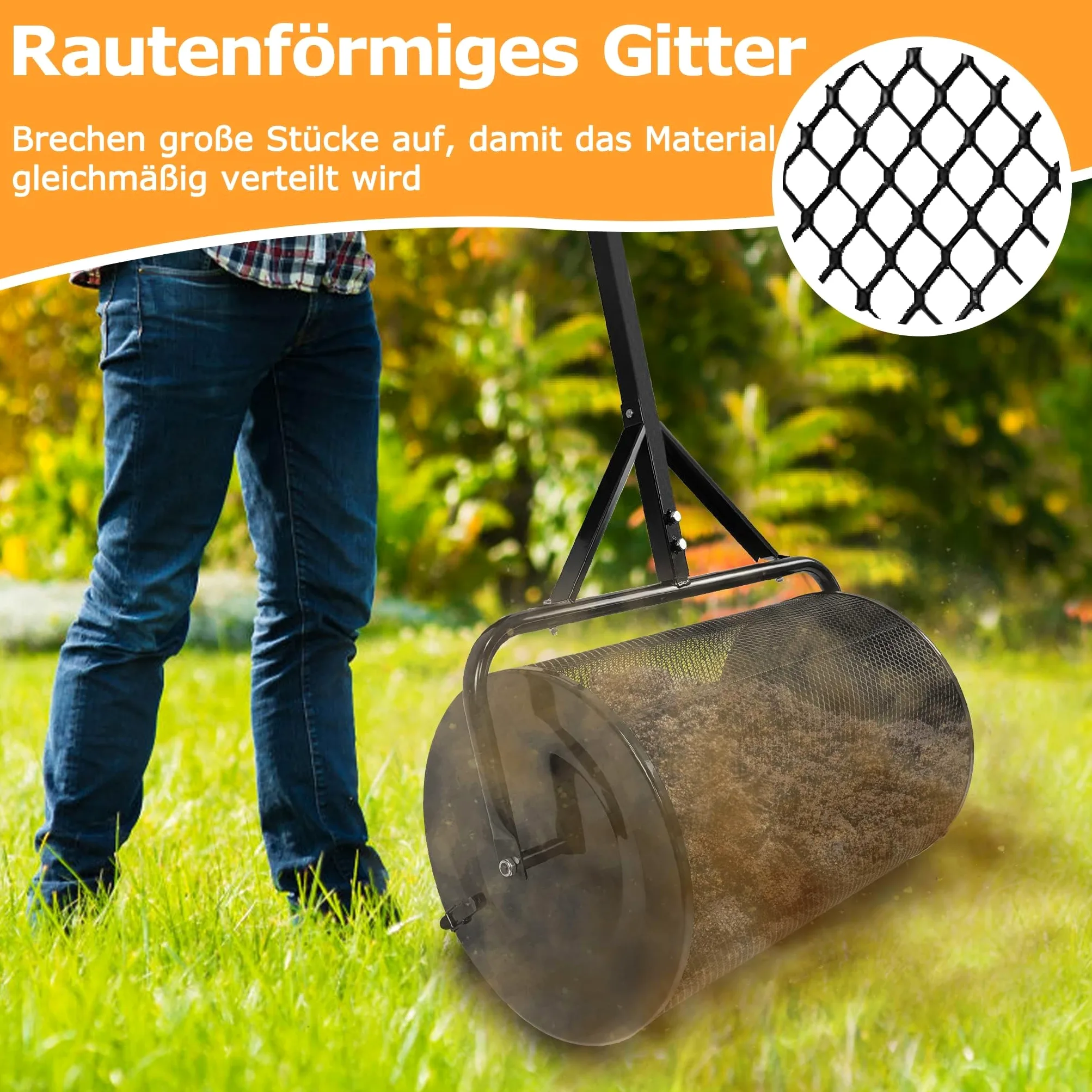 UISEBRT Esparcidor de compostaje de 80 l, color negro, con asa, esparcidor de compost y turba con cesta de malla, 65 cm de ancho, para compost, abono, turba